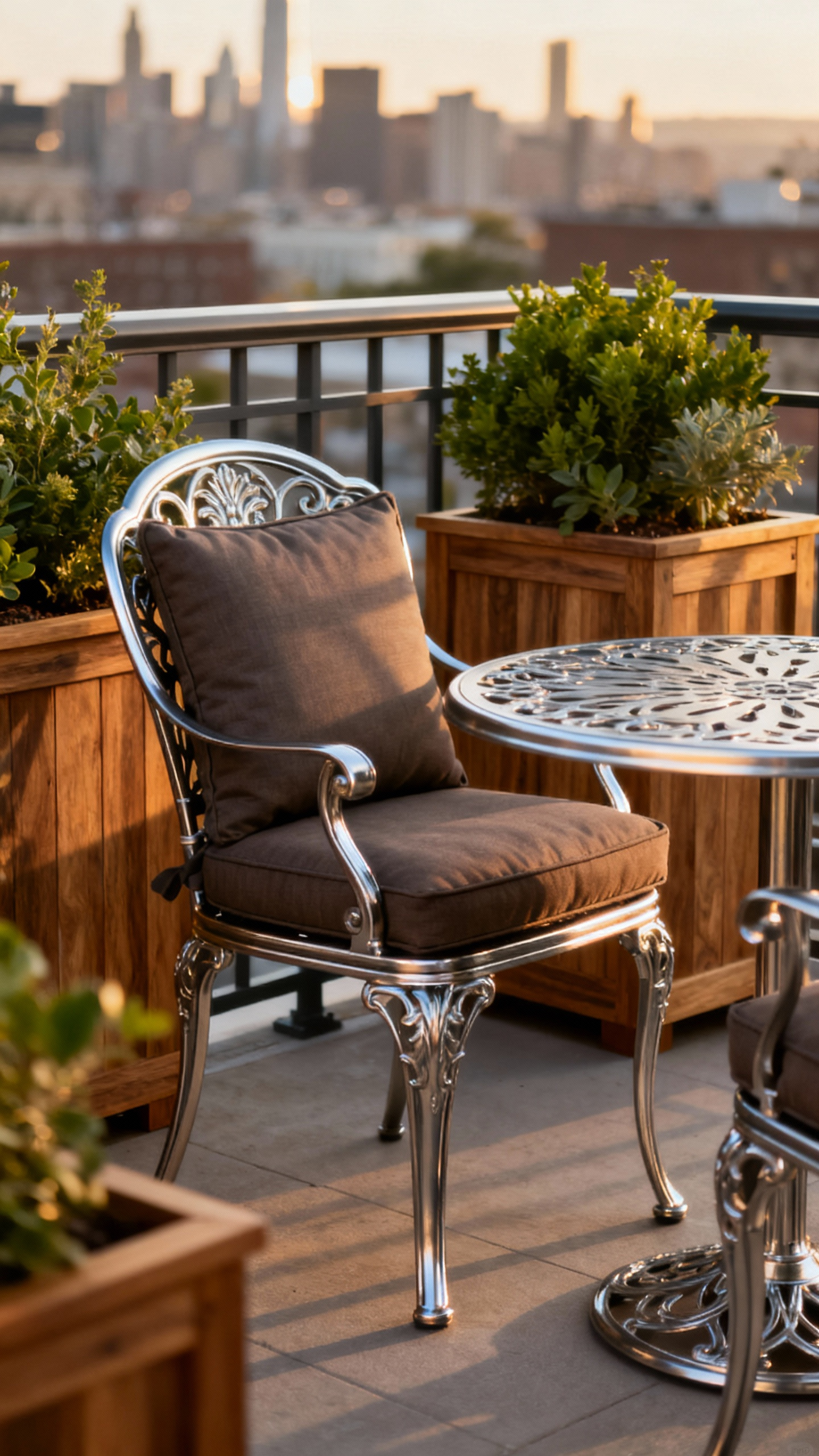 An elegant weather-resistant marine-grade aluminum bistro set with Sunbrella cushions on a sophisticated urban balcony, bathed in golden hour light. Emphasizes performance materials and enduring style for outdoor living.
