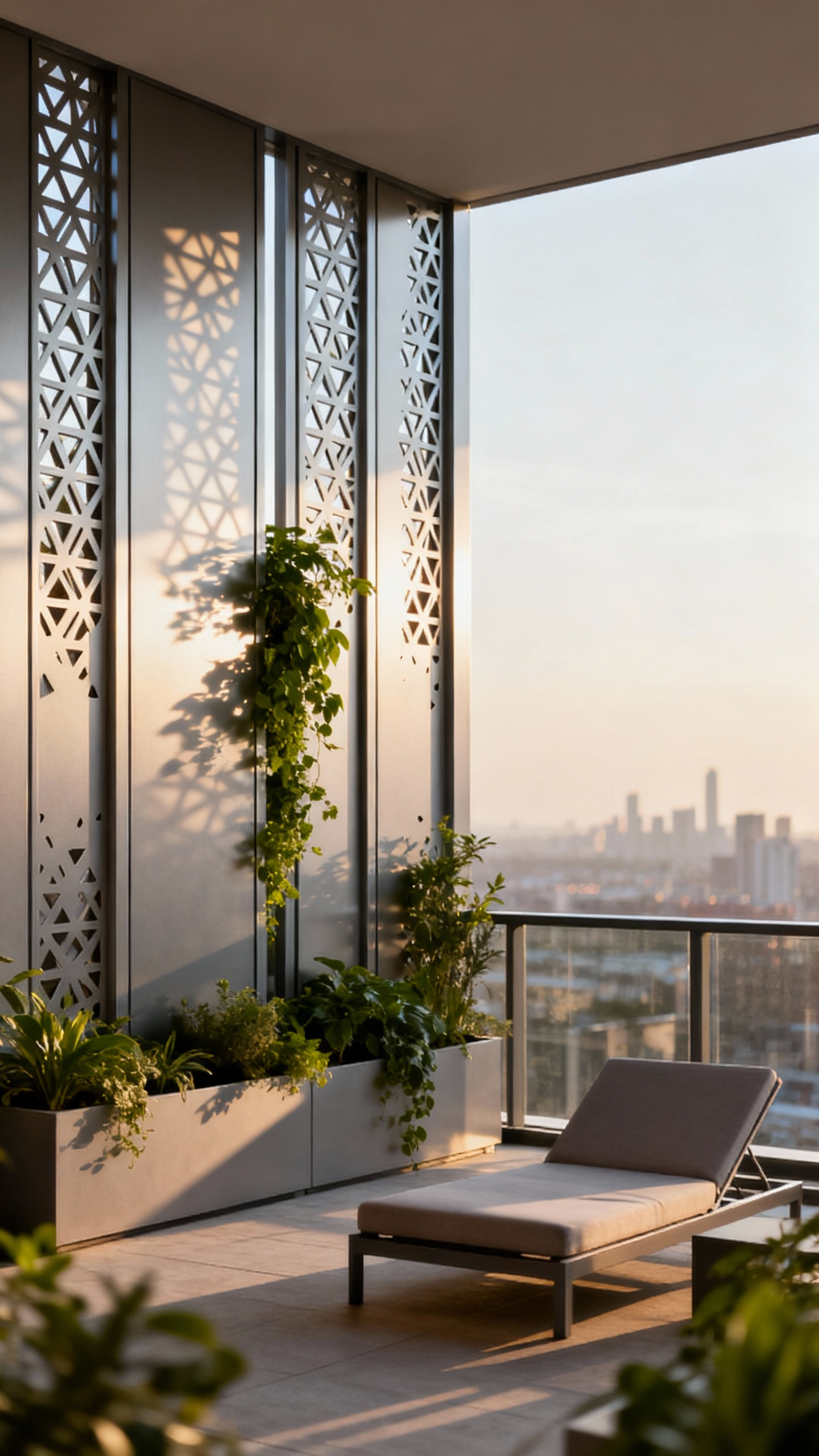 Modern urban balcony with sleek perforated marine-grade aluminum privacy screens and integrated planters, creating a secluded and elegant outdoor sanctuary with chic lounge furniture bathed in afternoon sun.