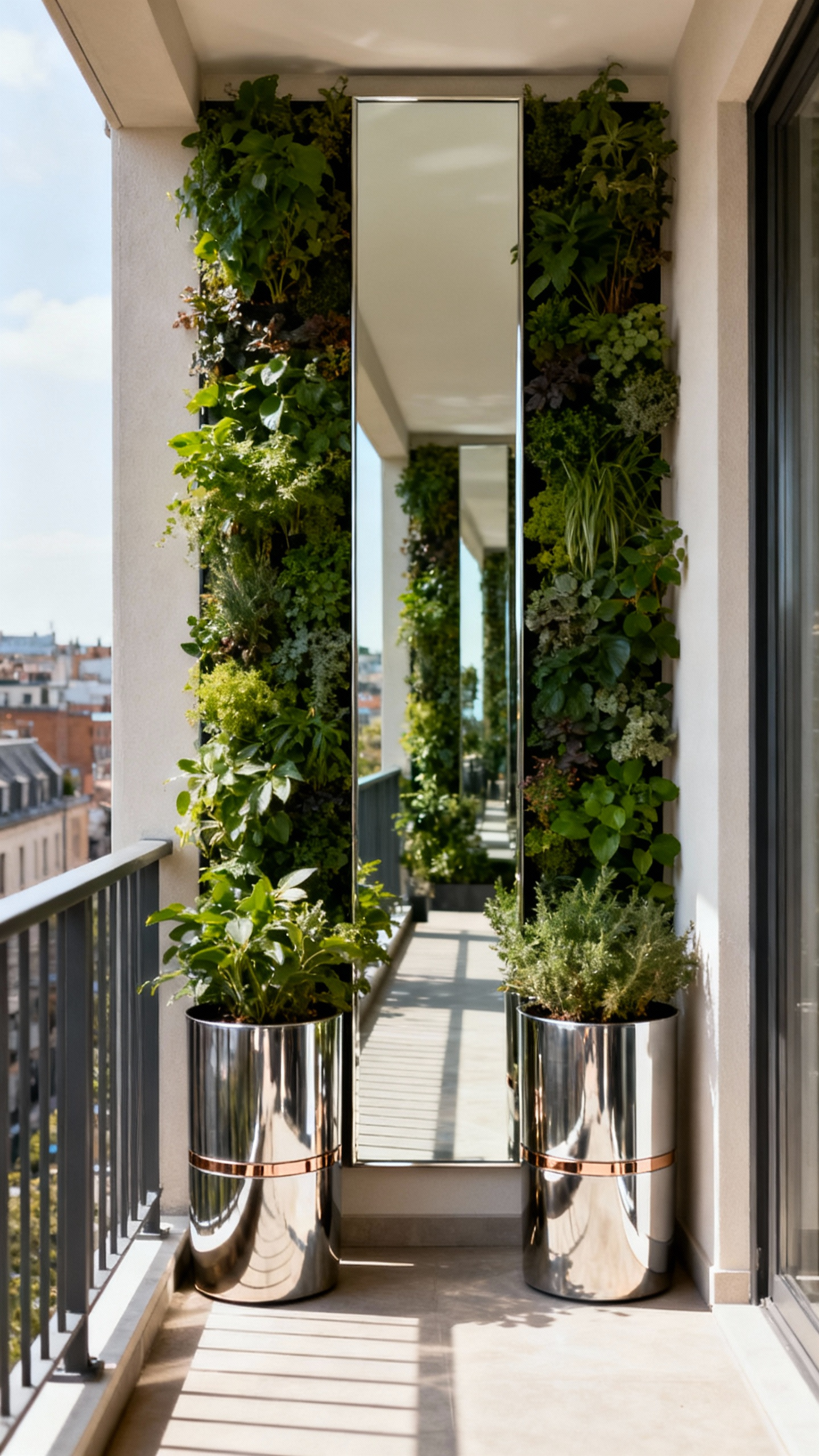 A modern balcony with a large outdoor mirror reflecting a vertical garden, enhancing light and creating an illusion of expanded space with elegant metallic accents.