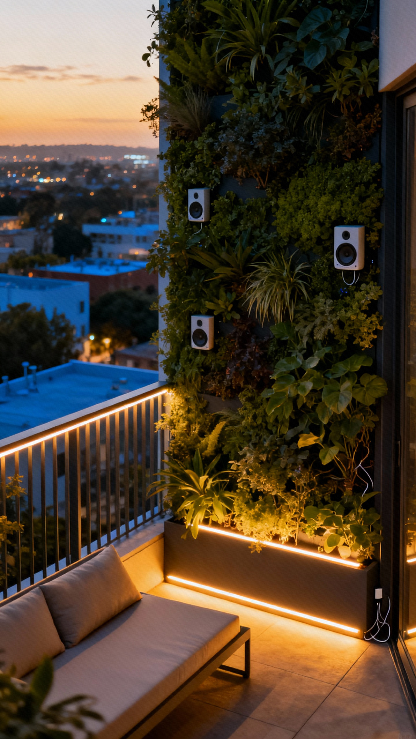 A modern balcony featuring integrated smart outdoor audio speakers discreetly hidden within a vertical garden and soft LED ambient lighting. The scene emphasizes seamless technology integration and a sophisticated, serene atmosphere at dusk.