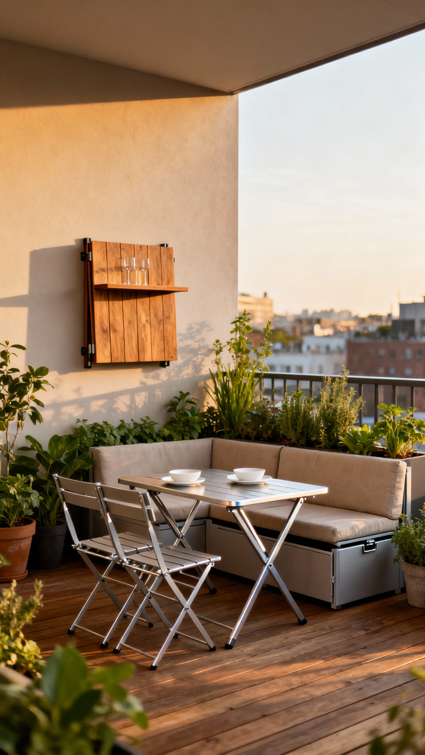 A modern, compact urban balcony featuring elegant foldable dining furniture and a modular L-shaped sofa with hidden storage, amidst lush potted plants. Designed for maximizing small outdoor footprints.