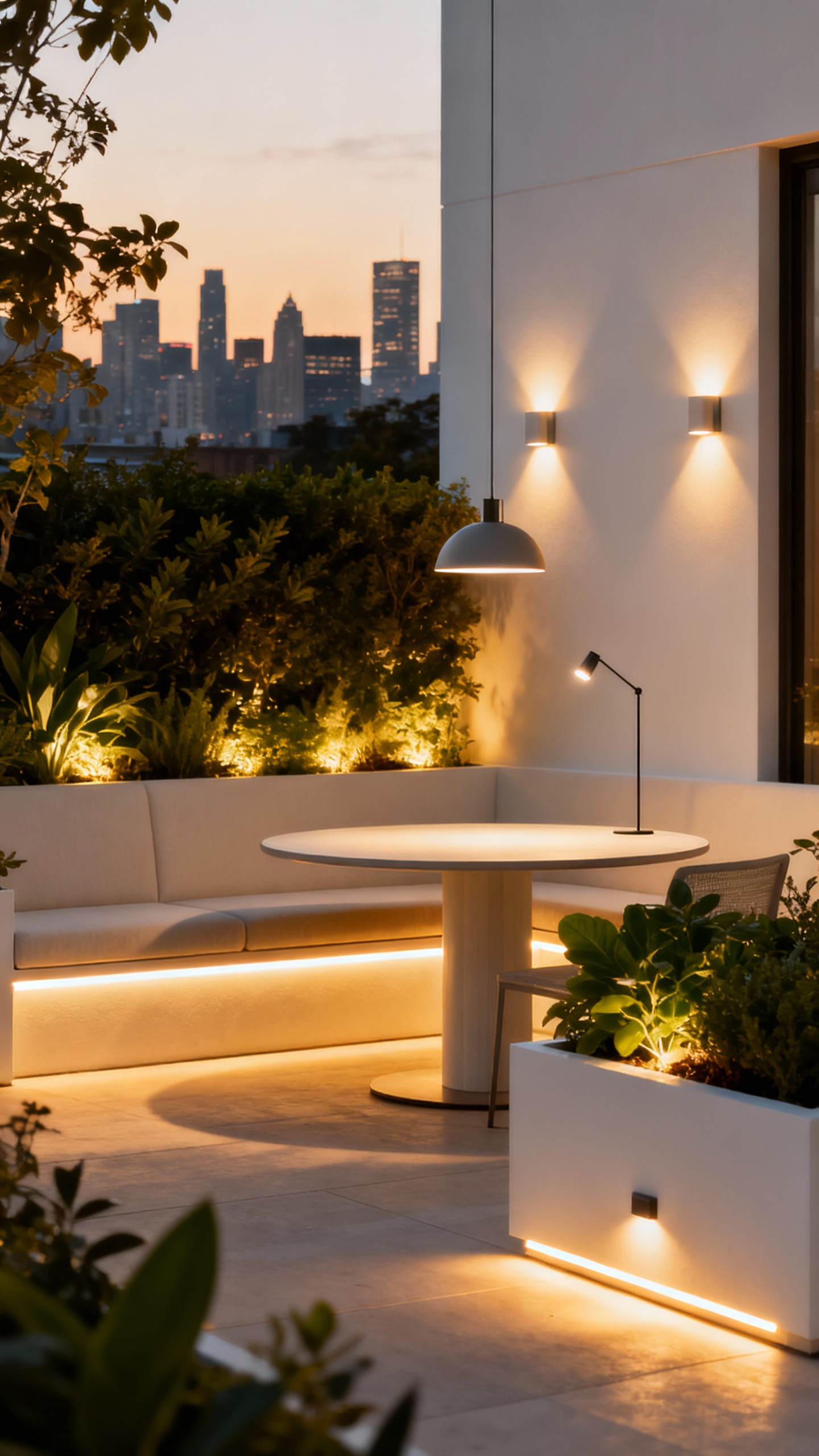 A beautifully illuminated modern balcony at dusk, featuring a layered lighting design with ambient strips, task lighting over a dining table, and accent uplights on plants. Creates a sophisticated and functional outdoor living space.