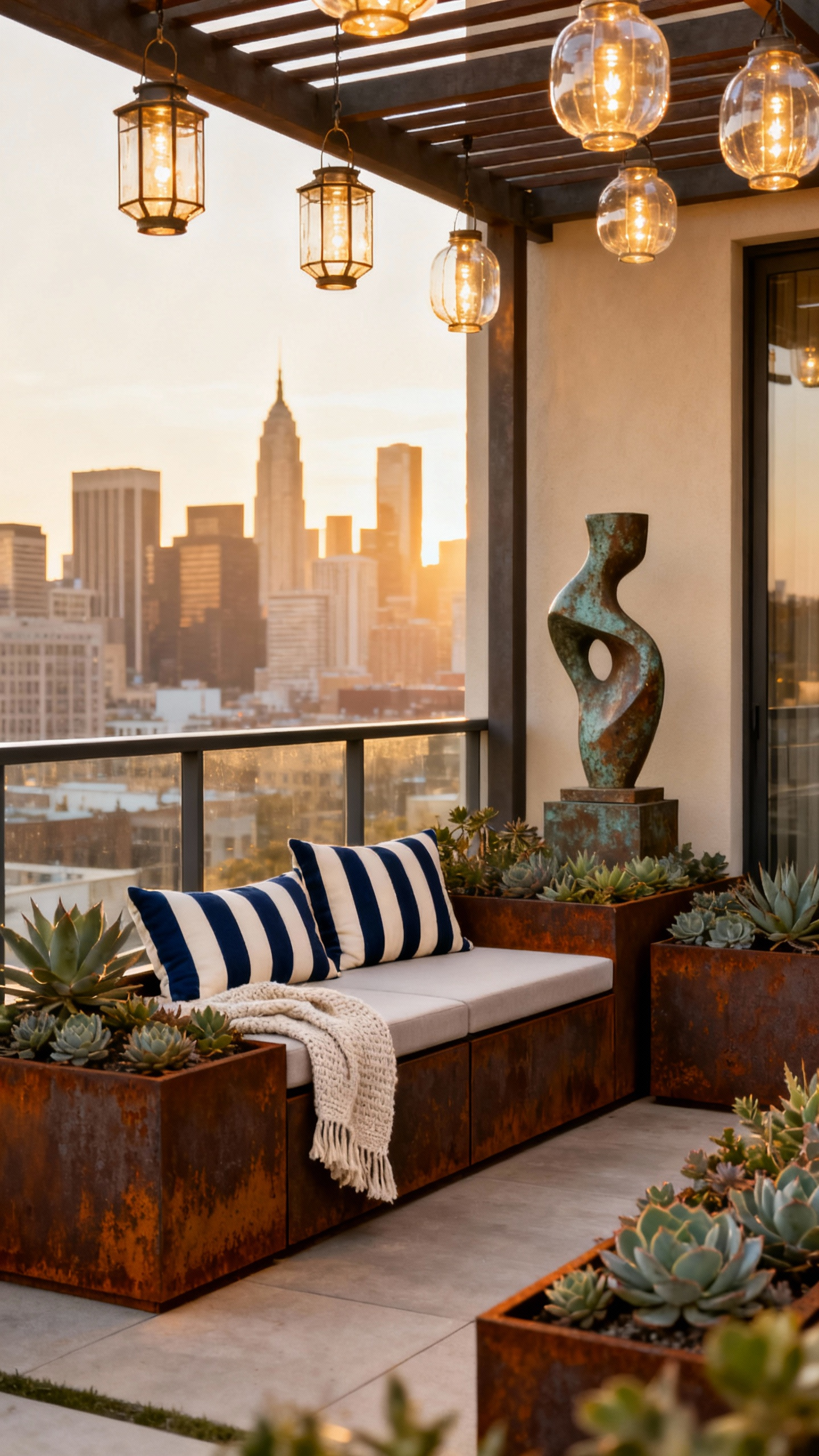 Elegant balcony featuring custom Corten steel planters, bespoke cushions, and hand-blown glass lanterns, showcasing personalized design accents for a sophisticated outdoor space.