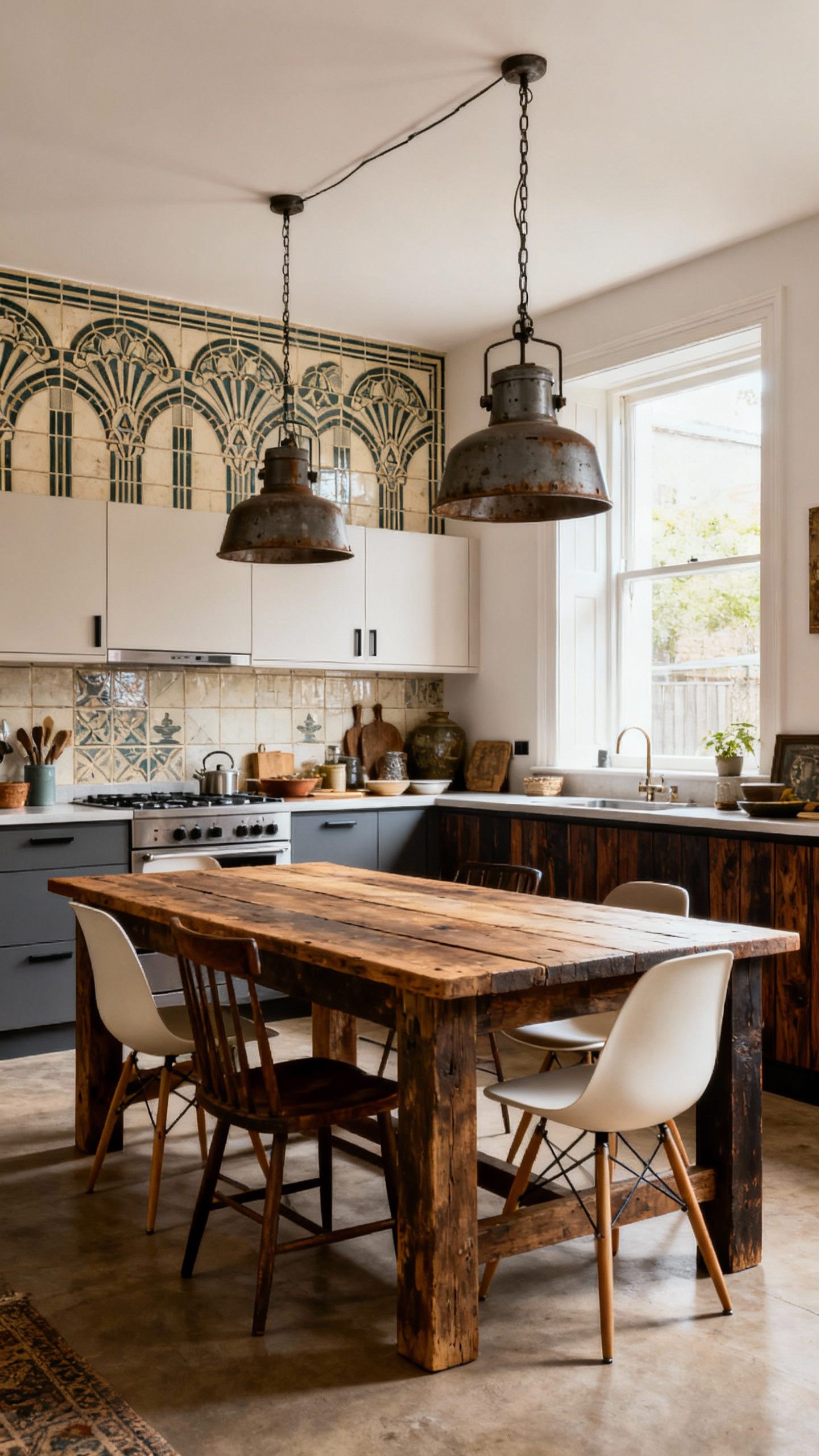 Eclectic kitchen with Art Deco backsplash, minimalist cabinets, industrial lighting, farm table, and modern chairs, showcasing intentional design curation.