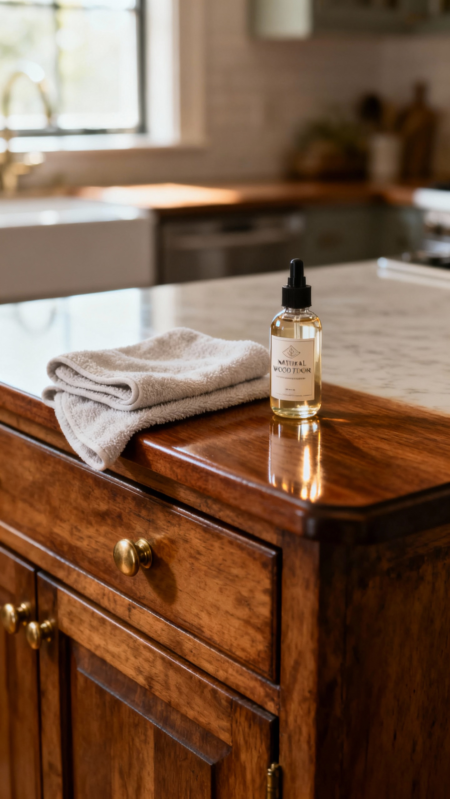 A meticulously maintained eclectic kitchen surface with vintage wooden cabinetry and polished brass hardware, a microfiber cloth and wood conditioner bottle imply careful upkeep and preservation. Eclectic Kitchen Upkeep.