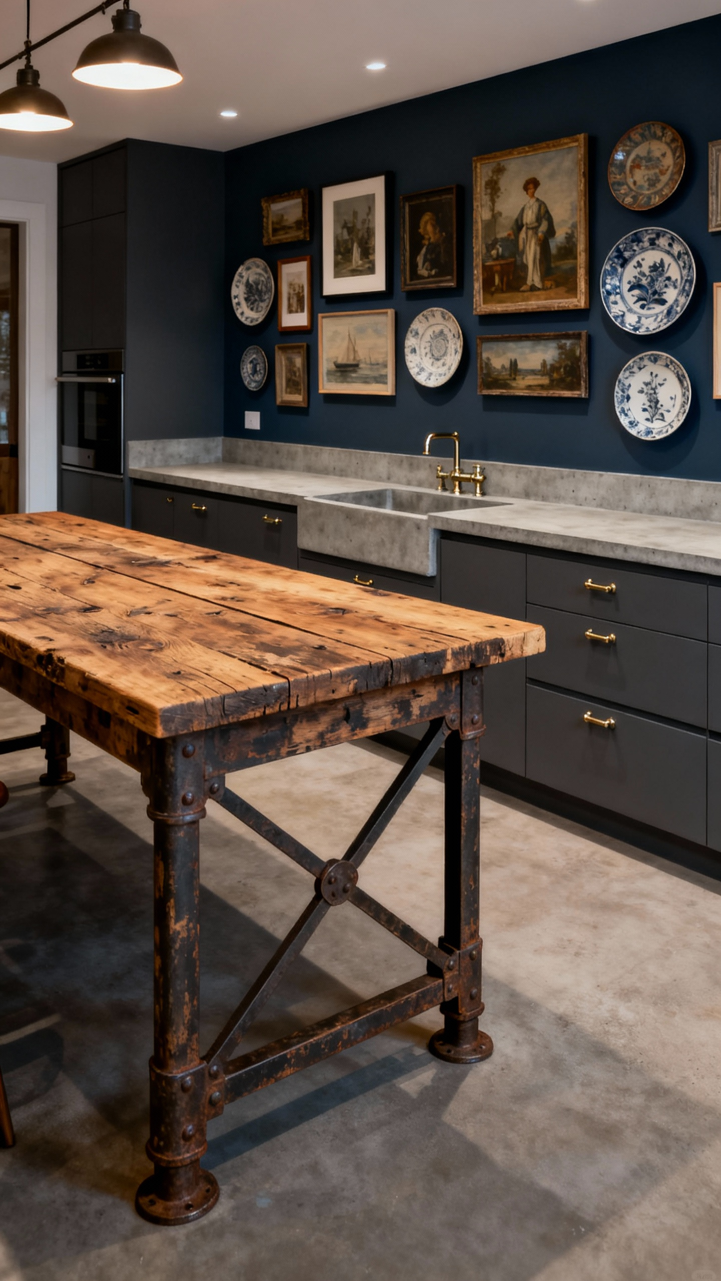 A beautifully cohesive eclectic kitchen featuring a reclaimed wood island and modern cabinetry, unified by a subtle color palette and textured elements, showcasing harmonious design.