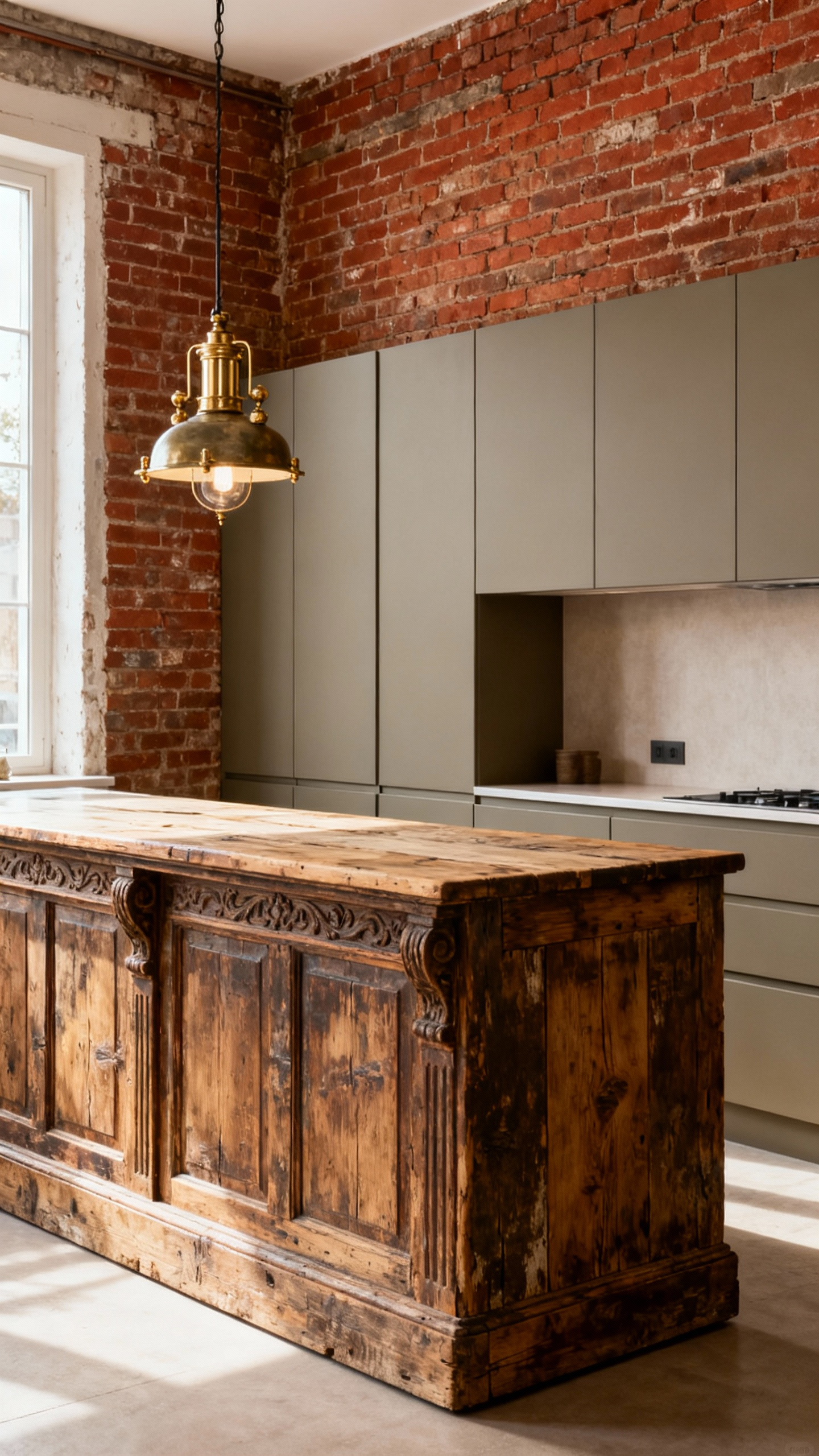 Eclectic kitchen interior featuring a vintage patisserie counter as an island, modern cabinetry, and exposed brick walls, showcasing unique style blending eras and personal narrative.