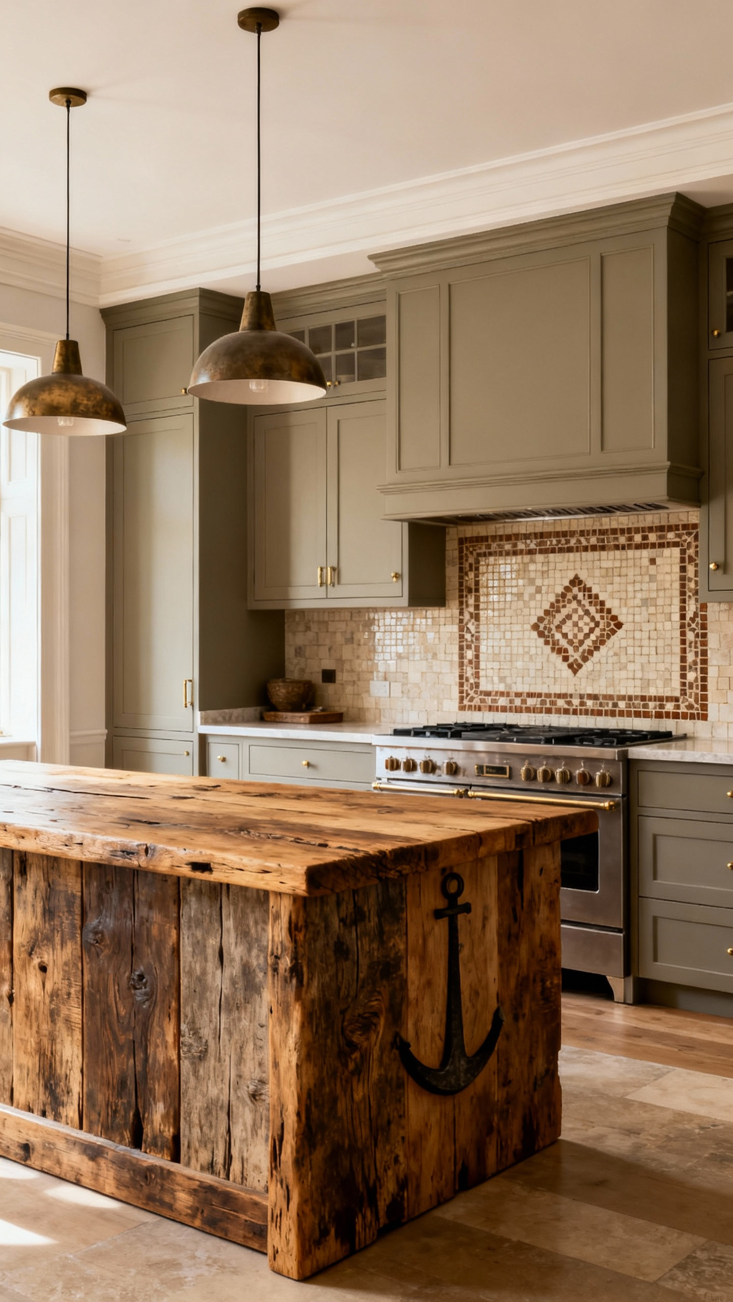 A stylish eclectic kitchen featuring custom modern cabinetry, a reclaimed wood island, vintage Scandinavian pendants, and an original mosaic tile backsplash. The design emphasizes lasting quality and timeless authenticity.