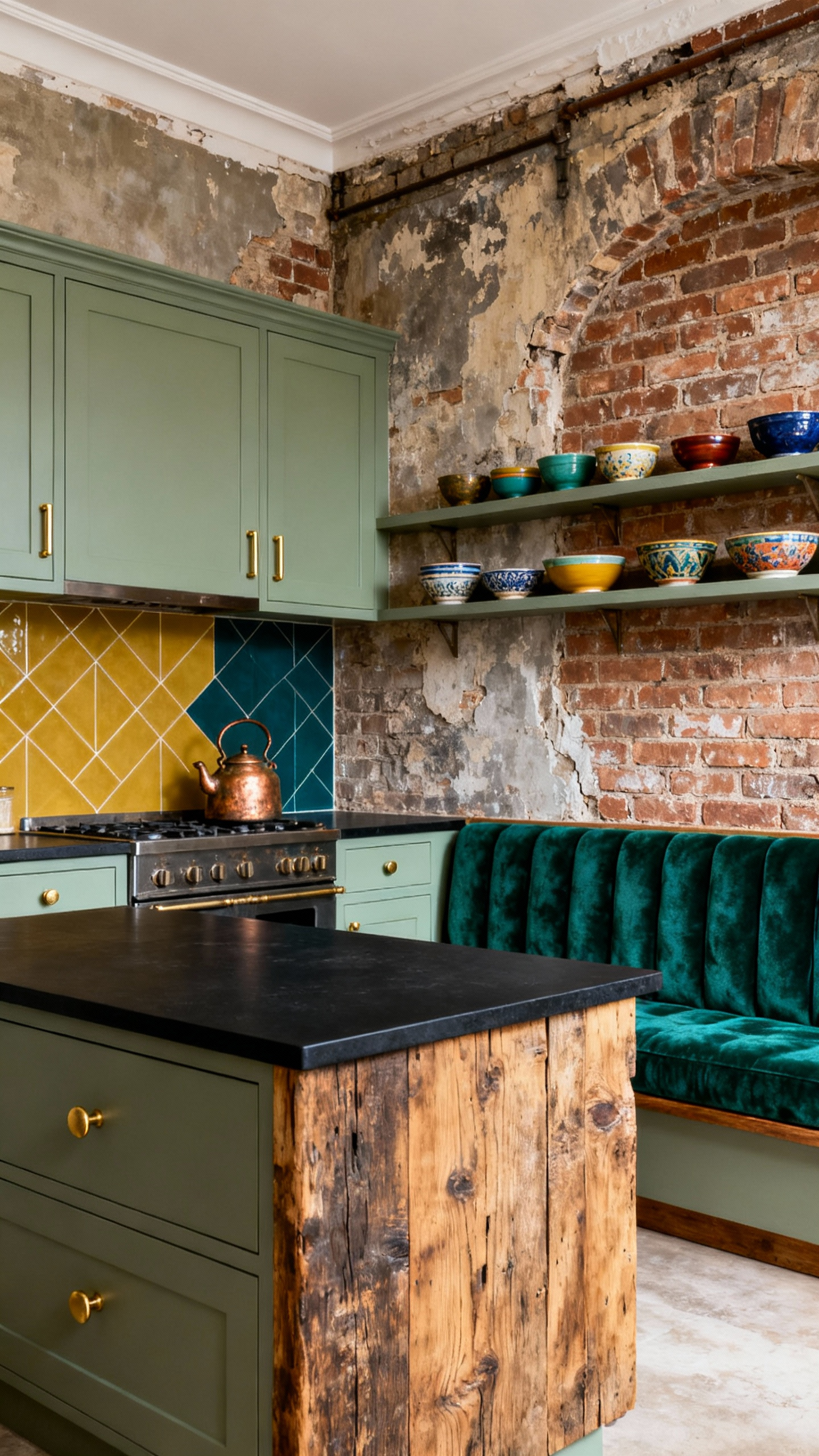 An eclectic kitchen with a vibrant and cohesive color palette, featuring sage green cabinets, exposed brick, reclaimed wood island, and emerald velvet banquette.
