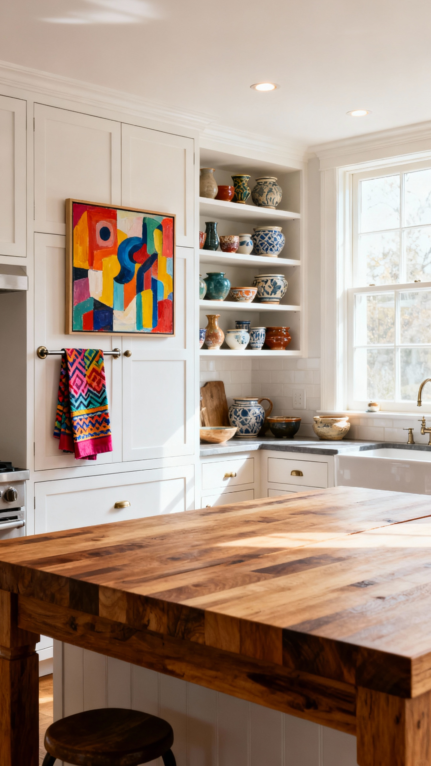 Eclectic kitchen designed for future-proofing with flexible, timeless elements, neutral cabinetry, adaptable decor like colorful textiles and open shelves.