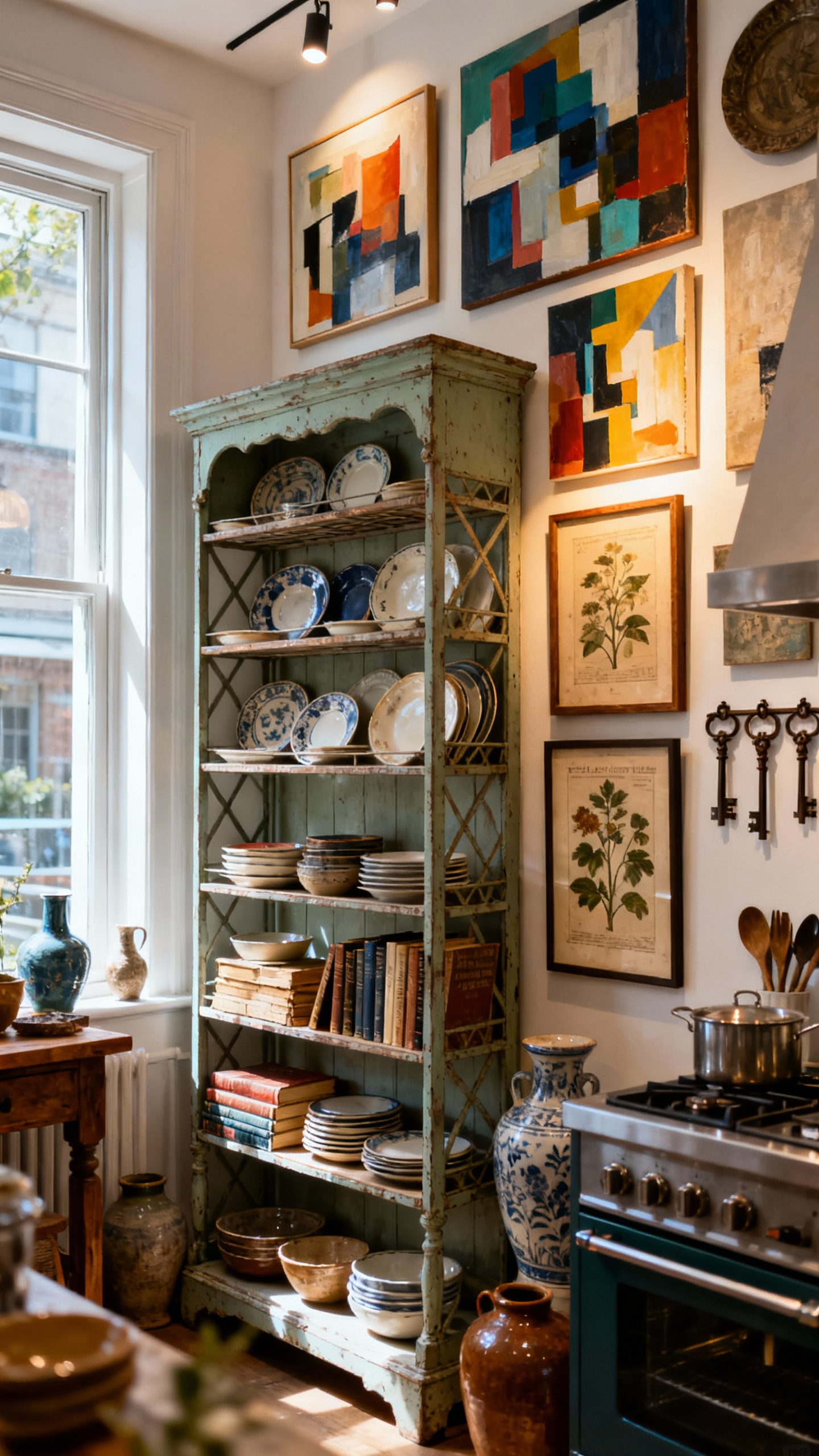 An eclectic kitchen with a curated gallery wall, vintage baker's rack, and various art and found objects creating a personalized and artistic space.