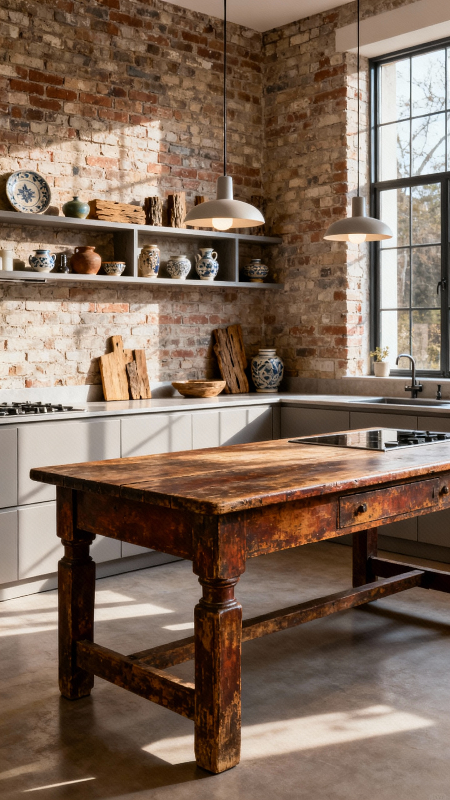 Eclectic kitchen featuring a large antique baker's table island contrasted with sleek modern cabinetry and delicate mid-century pendant lights, illustrating strategic scale play.