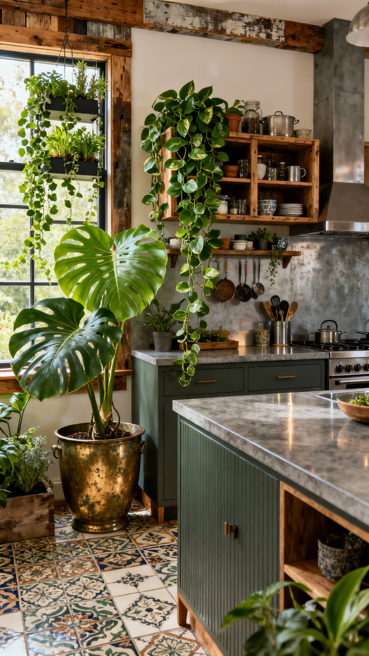 Eclectic kitchen with vibrant biophilic design, featuring lush plants like Monstera and Pothos, vintage planters, mixed materials, creating organic vitality and serenity.