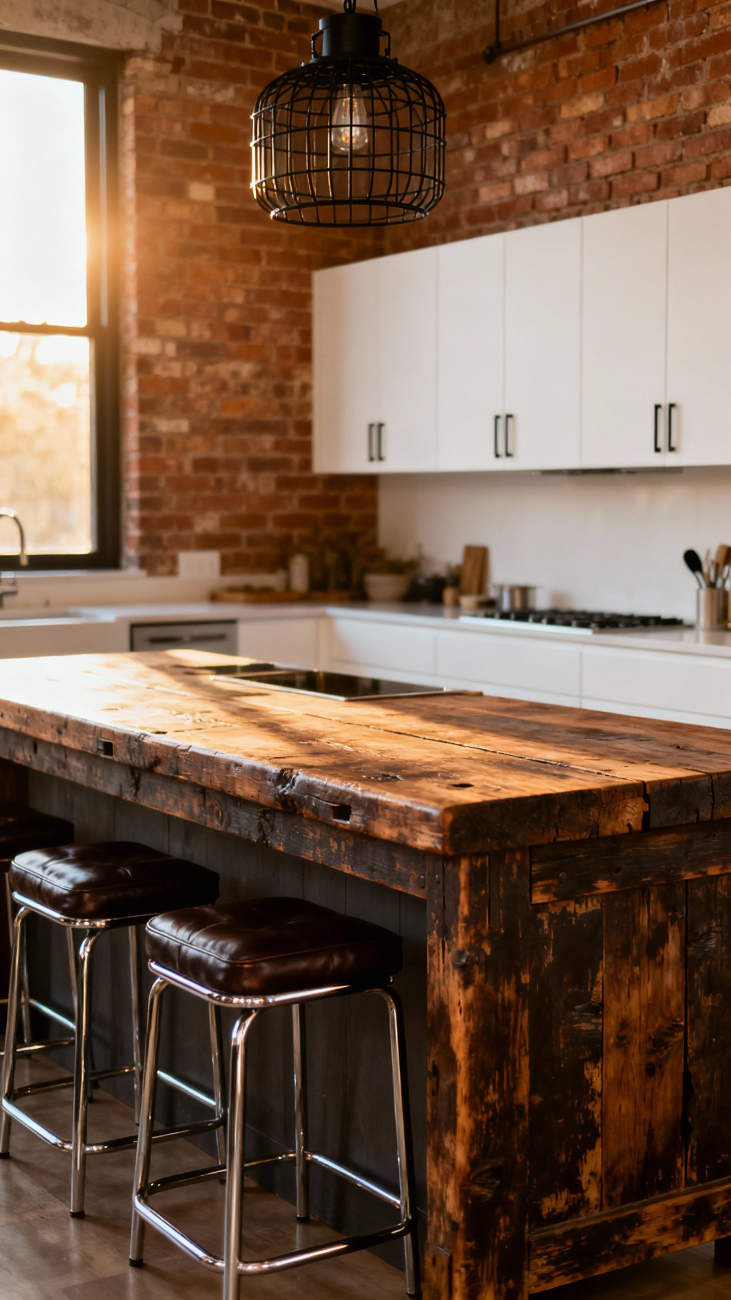 A bright, eclectic kitchen featuring a large antique butcher block island, sleek white handleless cabinets, an industrial pendant light, and Mid-Century modern stools, showing harmonious juxtaposition of design eras.