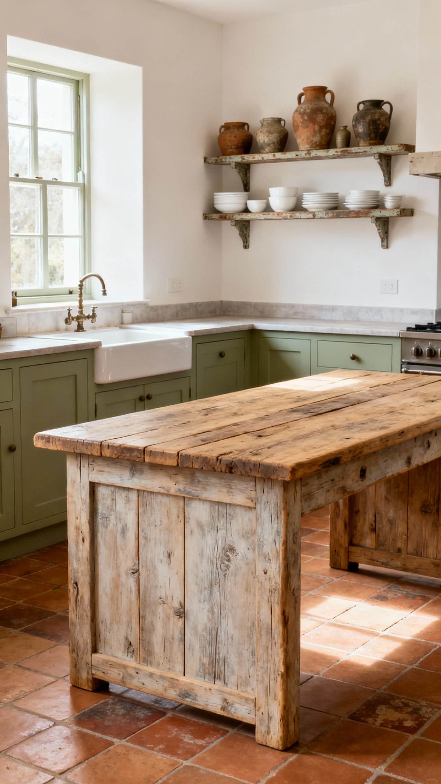 Serene country kitchen with earthy hues, sage green cabinets, creamy walls, reclaimed wood island, terracotta tiles, and vintage earthenware.