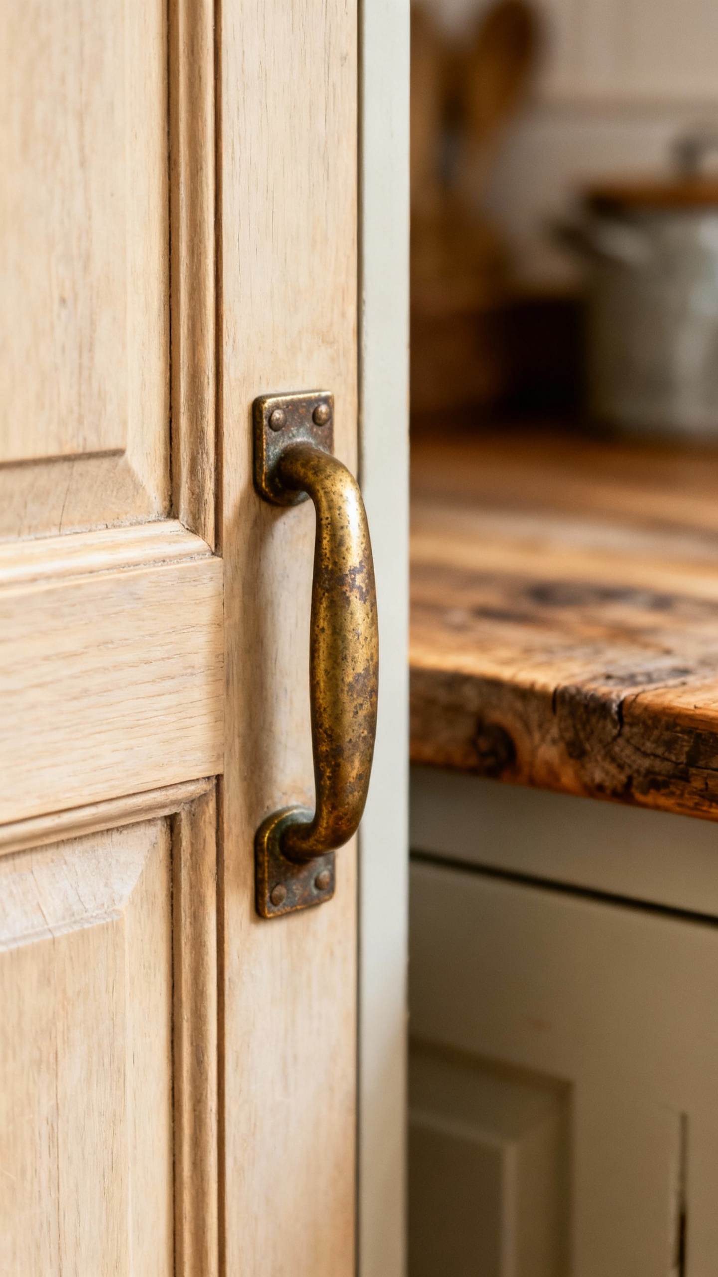 Close-up of a rustic, patinated brass bin pull on light-colored wooden kitchen cabinetry, showcasing authentic country kitchen hardware.
