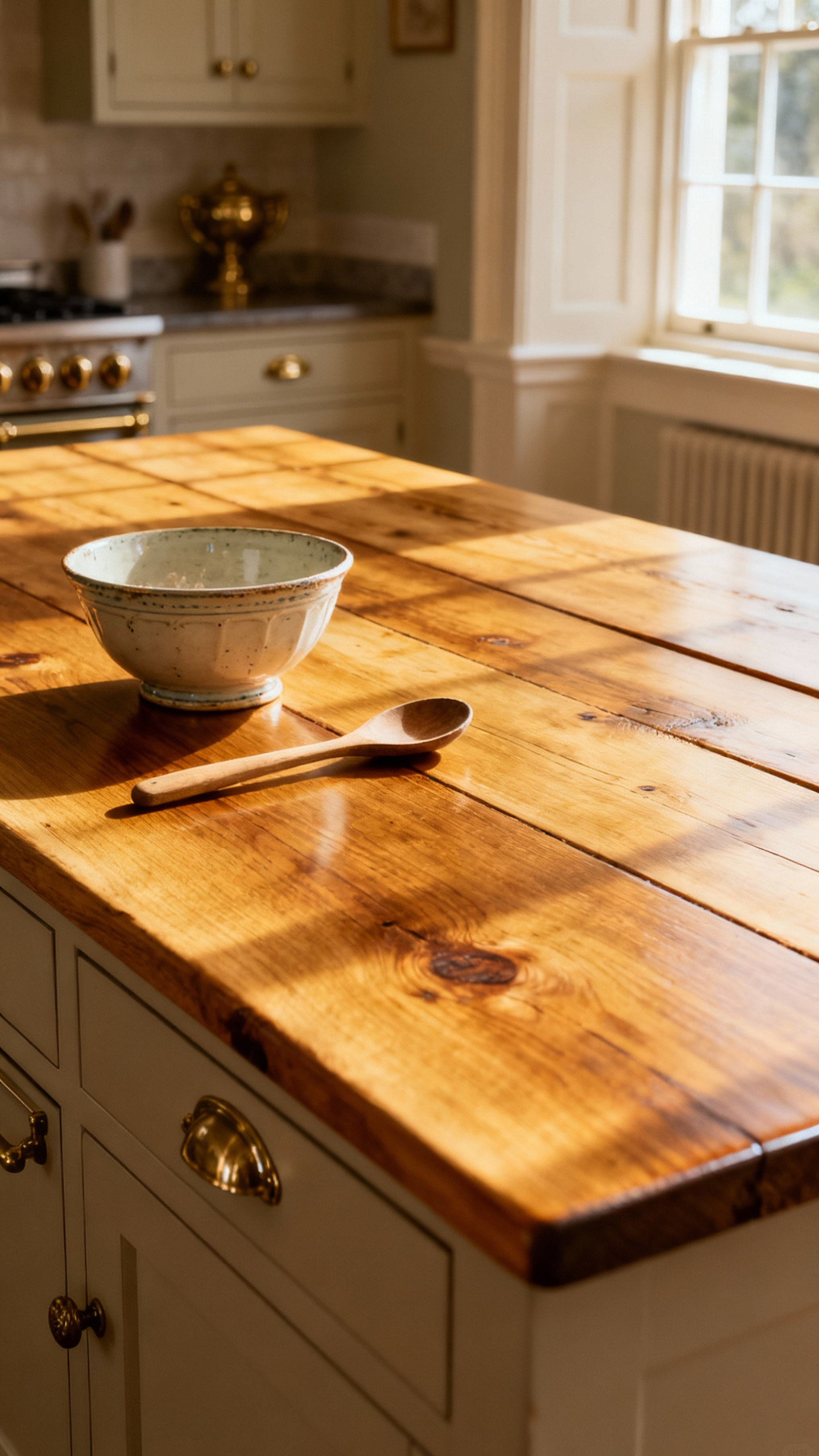 Close-up of a distressed wide-plank heart pine countertop on a kitchen island, featuring a warm oiled finish and subtle imperfections in a country kitchen setting.