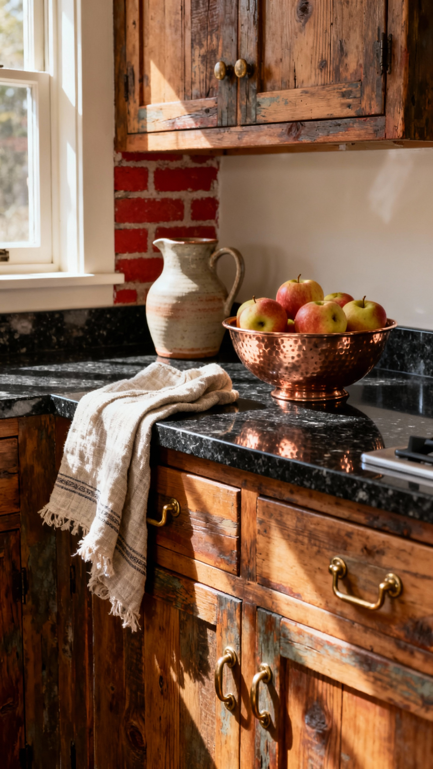 A portrait view of a country kitchen showcasing harmonious mixed materiality with reclaimed wood cabinetry, honed black granite countertops, brass hardware, an exposed brick wall, and decorative linen, ceramic, and copper accents, under soft natural light.