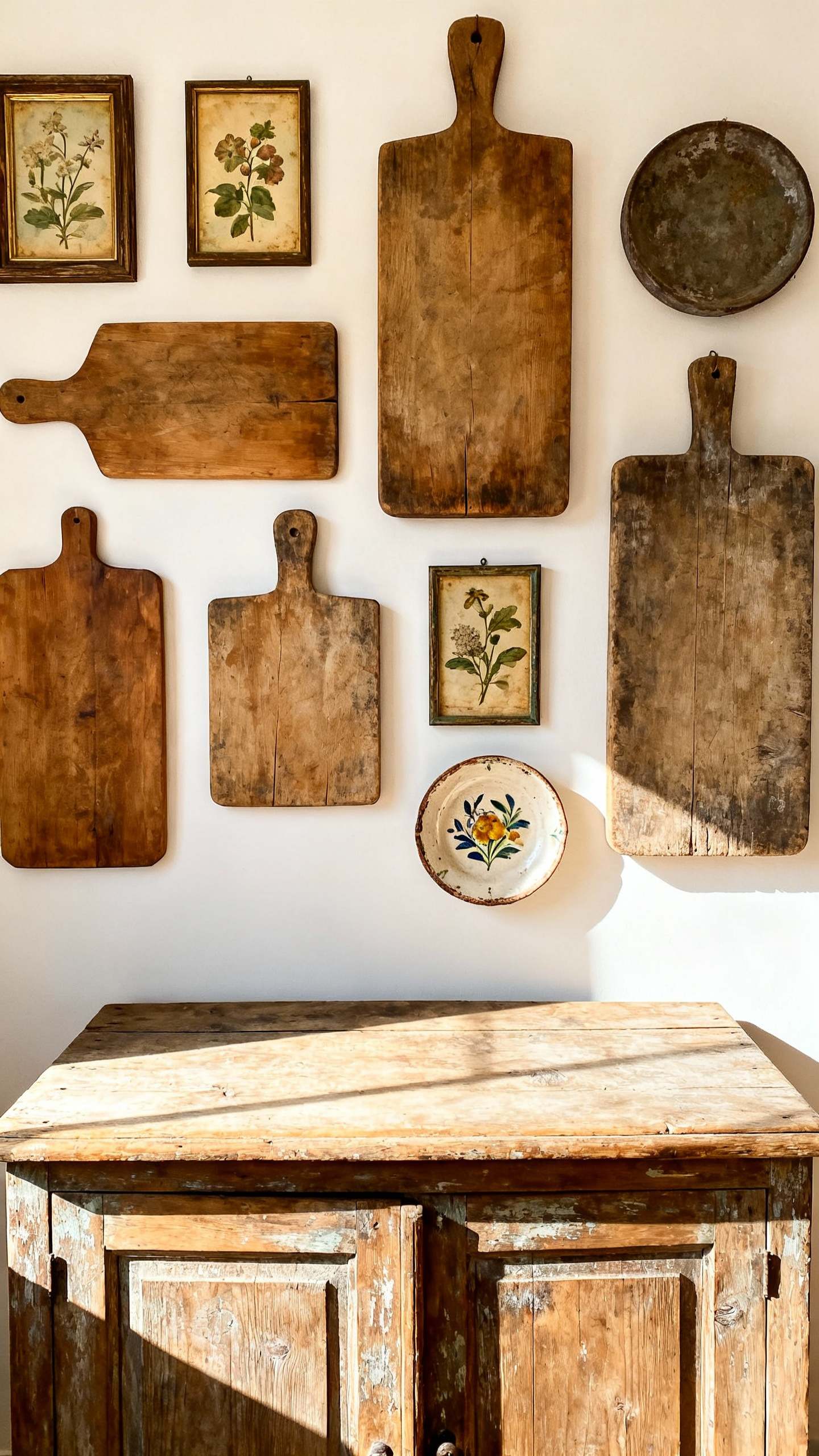 Close-up of a country kitchen wall featuring a curated collection of vintage art, including framed botanical prints, rustic wooden cutting boards, and an antique ceramic plate, all artfully arranged to tell a visual story in warm natural light.