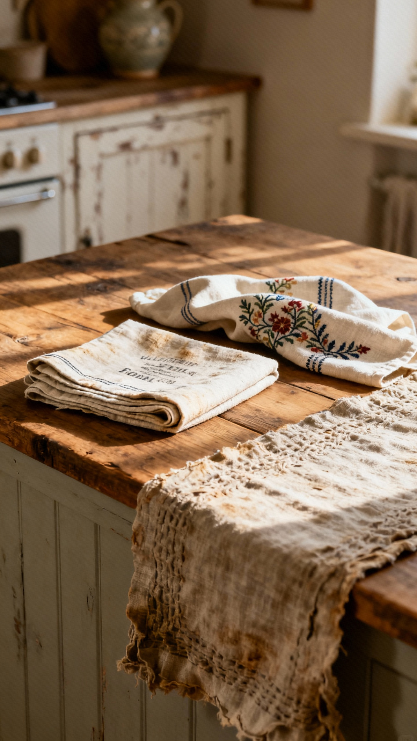 Country kitchen vignette featuring vintage linens: embroidered tea towels, an antique flour sack, and a textured linen runner on a rustic island, showcasing historical charm.