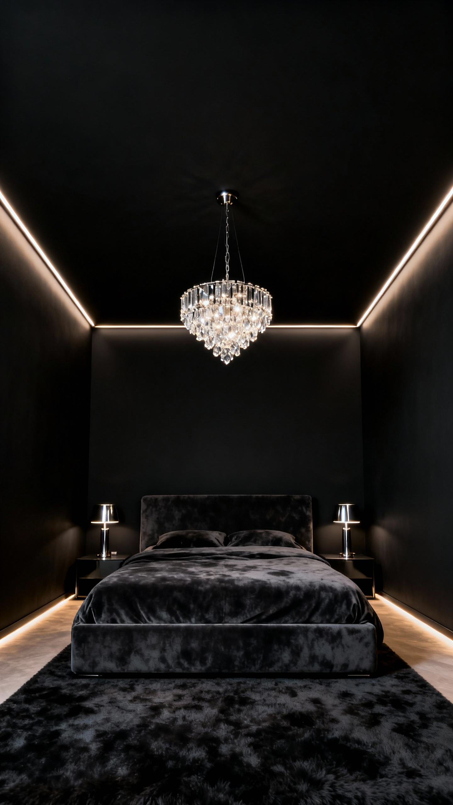 Luxurious bedroom with ultra-matte black walls and ceiling blending seamlessly, soft recessed lighting highlighting metallic accents and a central crystal chandelier, creating an intimate, cocooning ambiance.