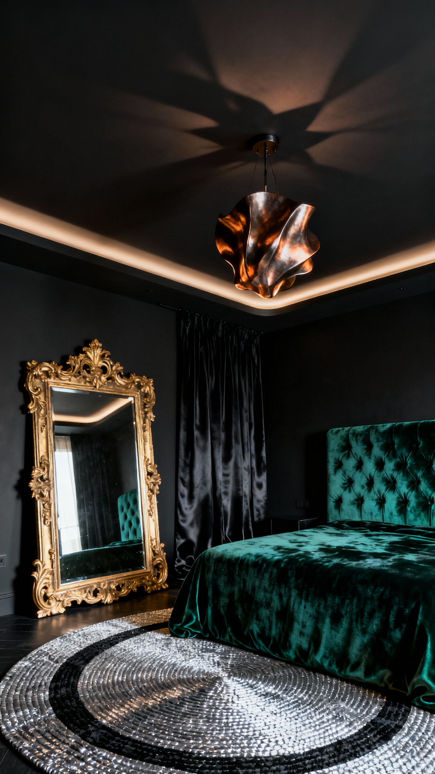 Luxurious matte black bedroom with gold-leaf mirror and emerald velvet, showcasing depth.