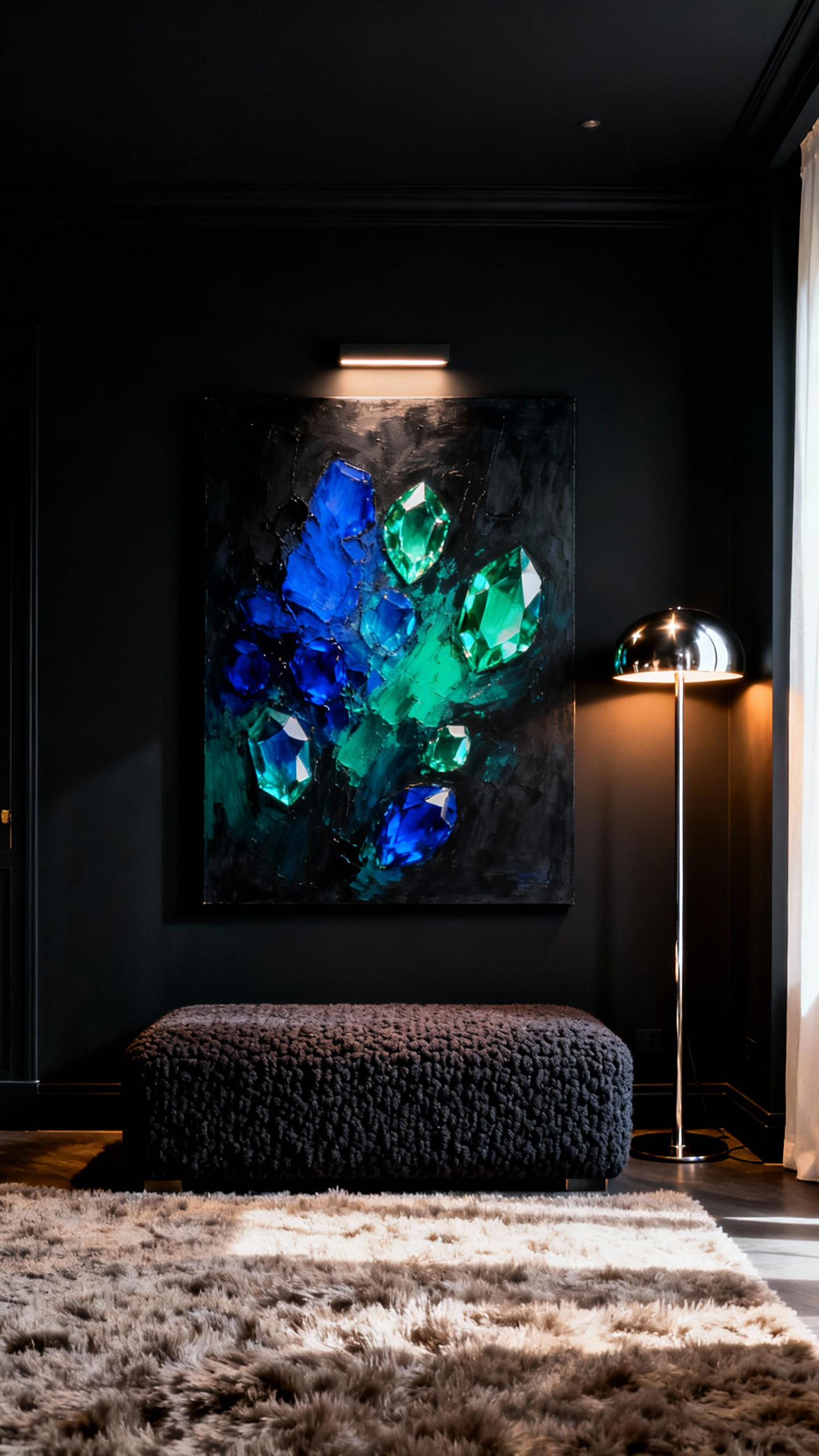 Luxurious black bedroom with a large, vibrant abstract painting and sophisticated lighting, illustrating black walls as a grounding anchor for bold interior design.