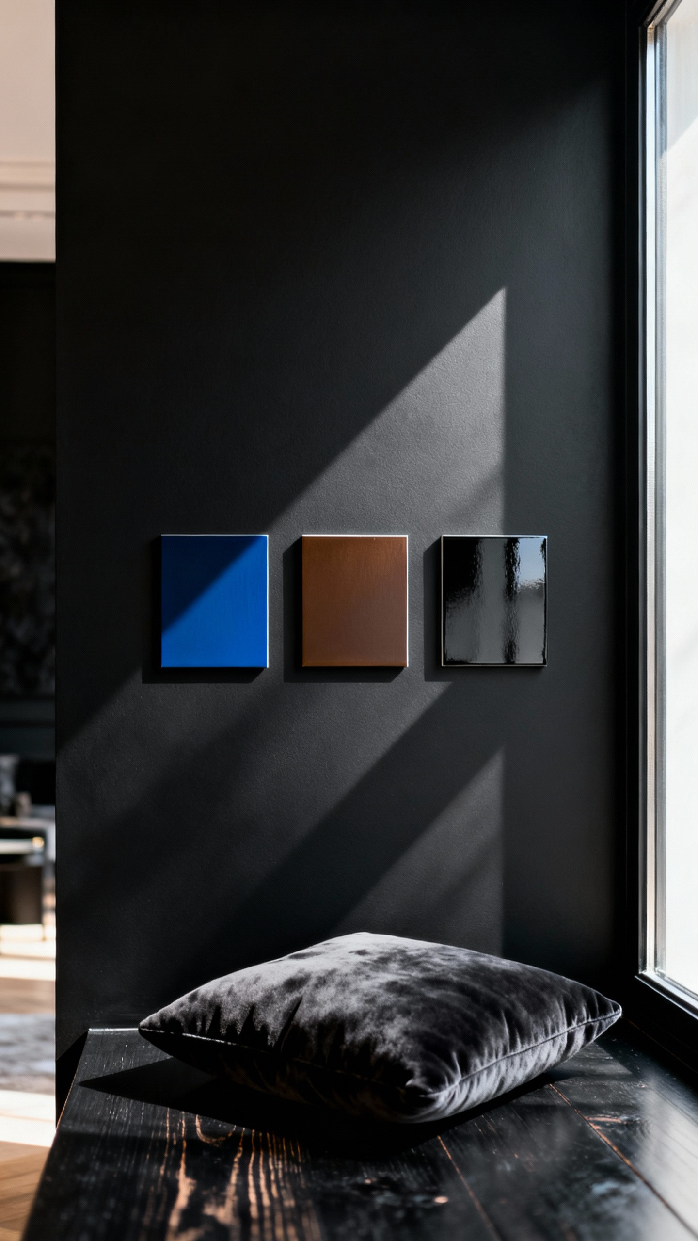 Bedroom wall with sample patches of black paint showing different undertones (blue, brown, neutral) and finishes (matte, satin, high-gloss) to illustrate opulent depth in interior design.