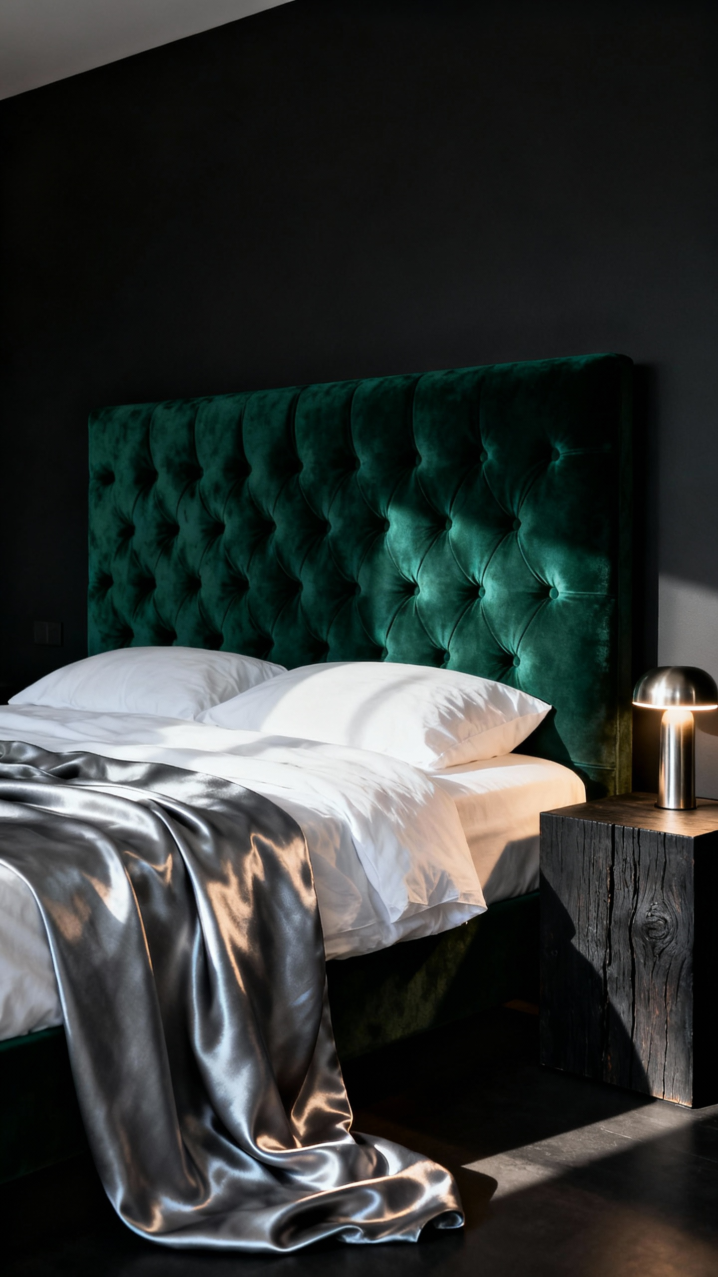 Luxurious black bedroom with a deep emerald green velvet headboard, elegant silk throw, and raw wood nightstand, showcasing sophisticated textural contrasts.