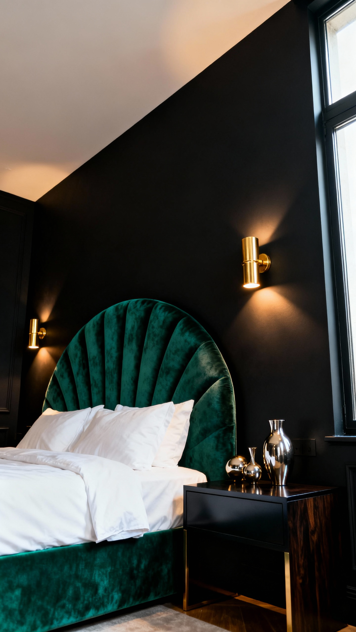 Luxurious bedroom with a single ultra-matte black feature wall, an emerald green velvet headboard, and brass sconces, creating theatrical drama and depth.