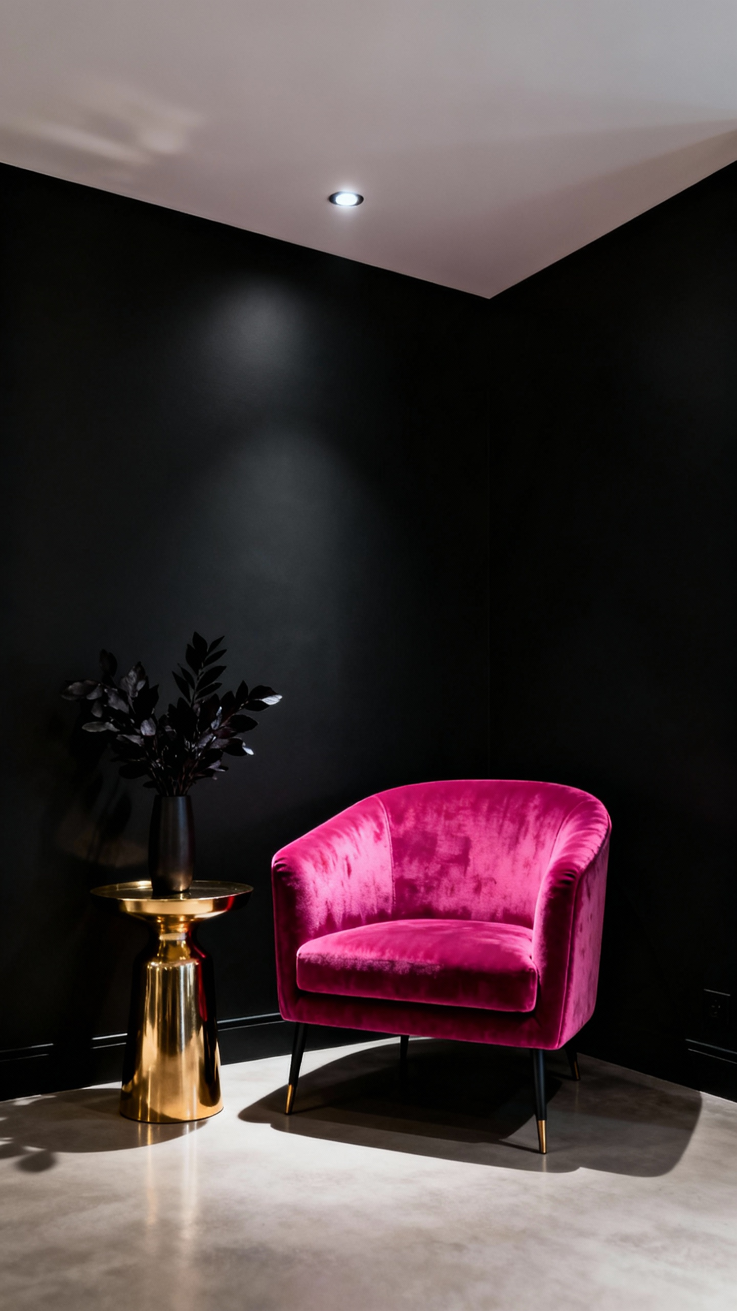 Luxurious black bedroom with matte black walls and a striking fuchsia velvet armchair acting as a vibrant color accent, creating strong visual tension.