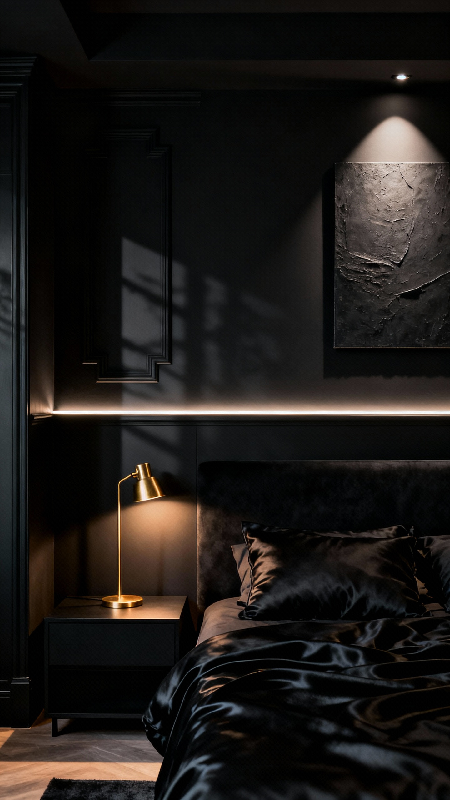 Black bedroom with zoned lighting, including cove lighting, recessed spotlights, and bedside sconce, creating dramatic shadows and highlighting luxurious textures, professional photo.