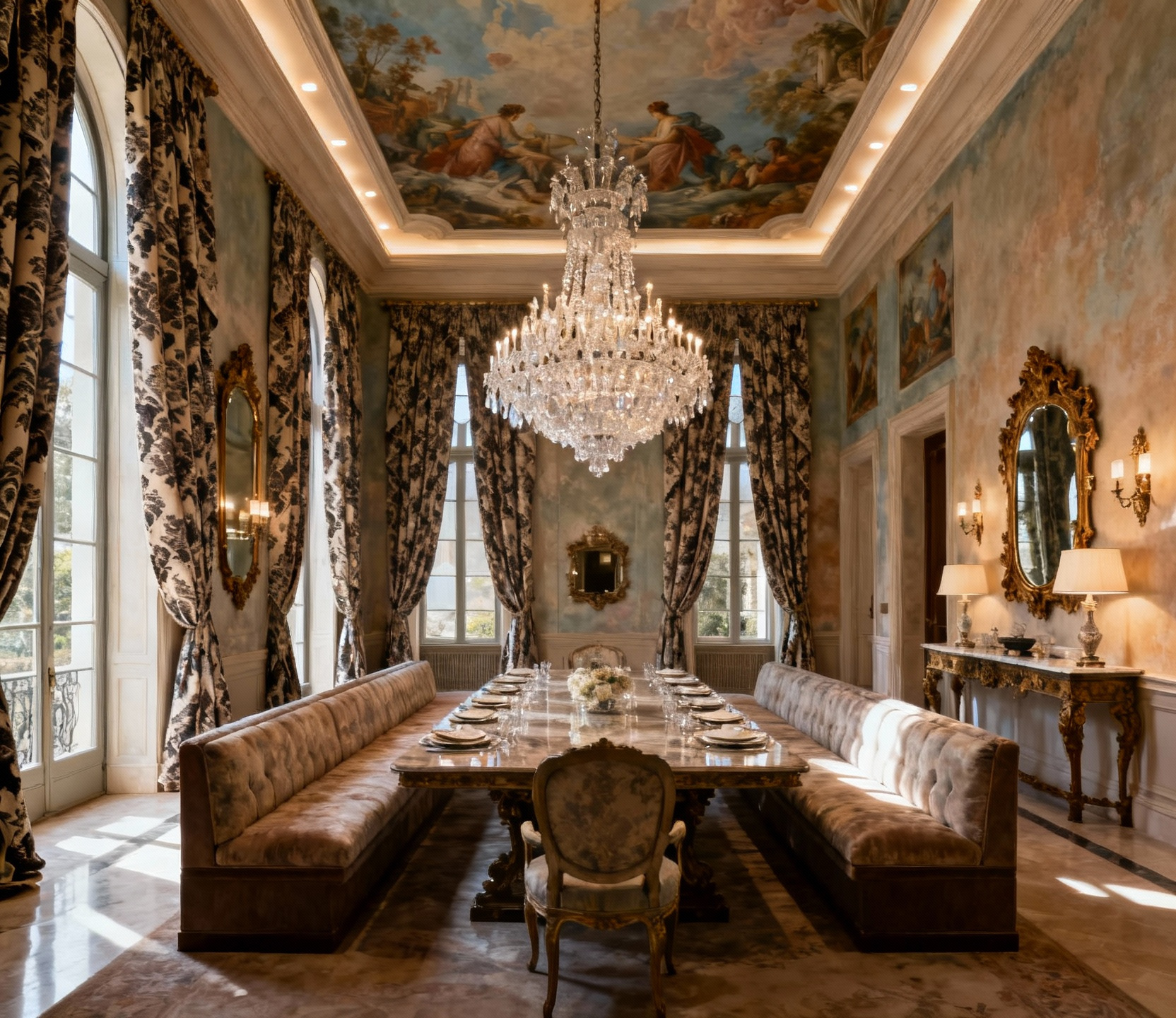 Luxurious dining room with an expansive layout, featuring a grand long table, statement chandeliers, ornate wall decor, and rich textiles, showcasing palatial proportions and refined drama.