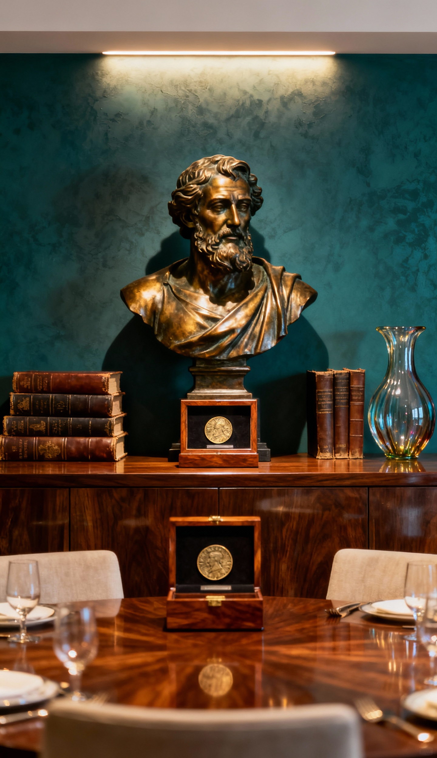 Luxury dining room vignette featuring antique curios, rare books, a bronze sculpture, and a Murano glass vase on a polished console table, dramatically lit to create intellectual allure.