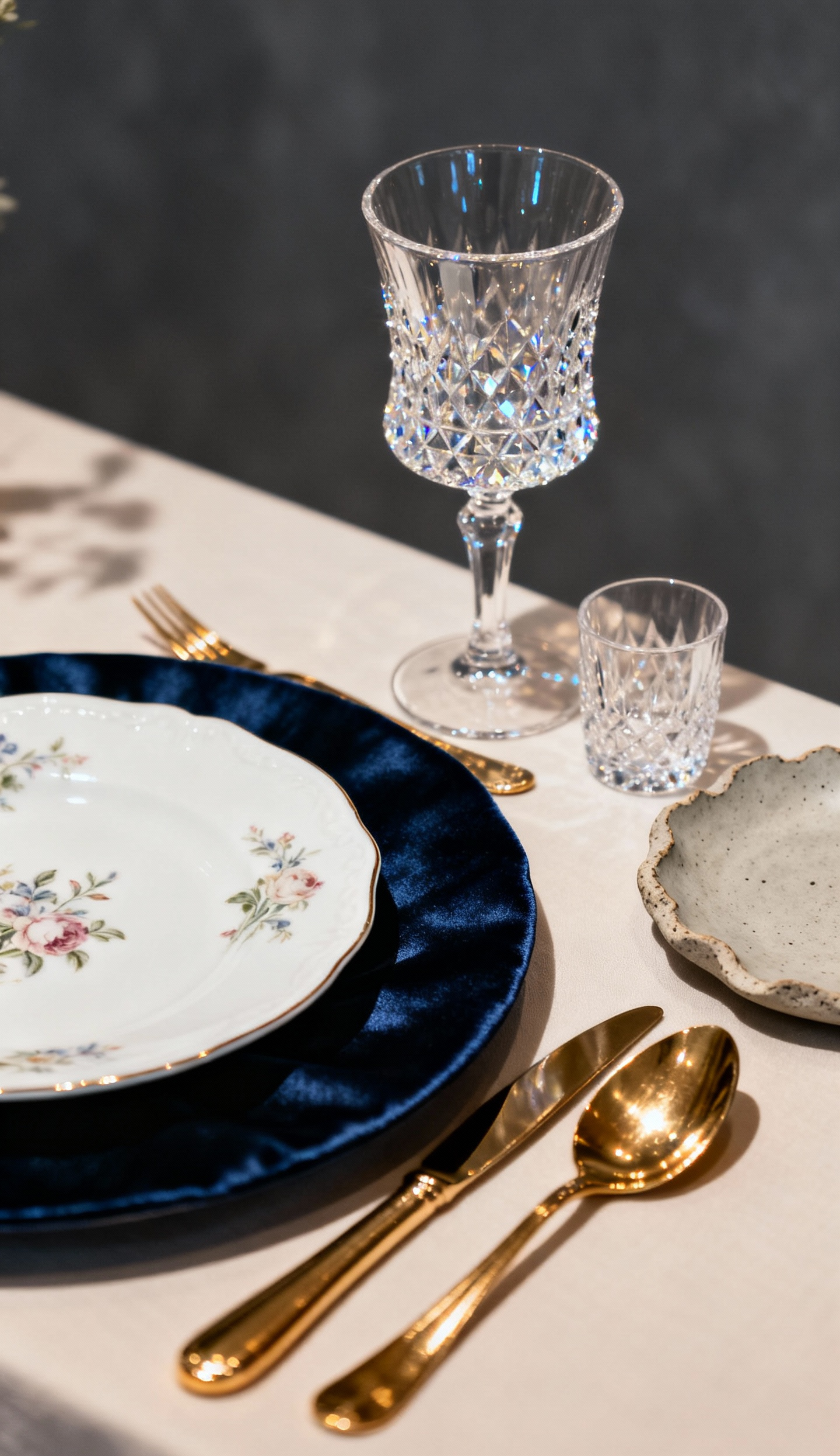 Luxury dining table place setting with gilded serveware, hand-painted porcelain, silk charger, crystal glasses, and polished brass flatware.