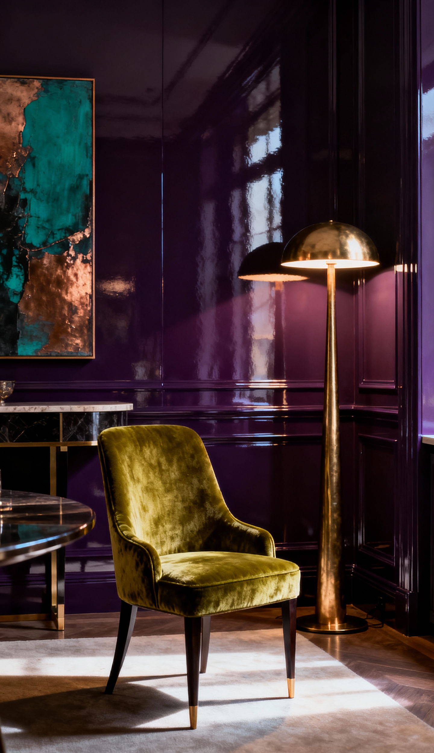 A luxurious dining room featuring deep aubergine walls, a chartreuse velvet dining chair, and a burnished brass floor lamp, showcasing a bold and sophisticated chromatic narrative.
