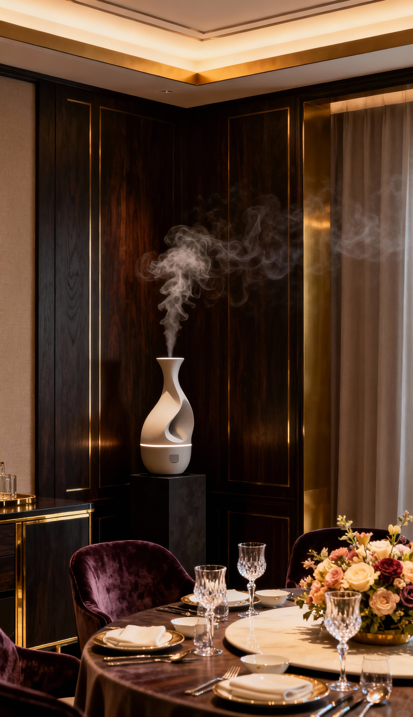 Luxurious dining room featuring a discreet scent diffuser subtly enhancing the elegant Curated Aromatic Ambience, with a lavish table setting under warm, indirect lighting.