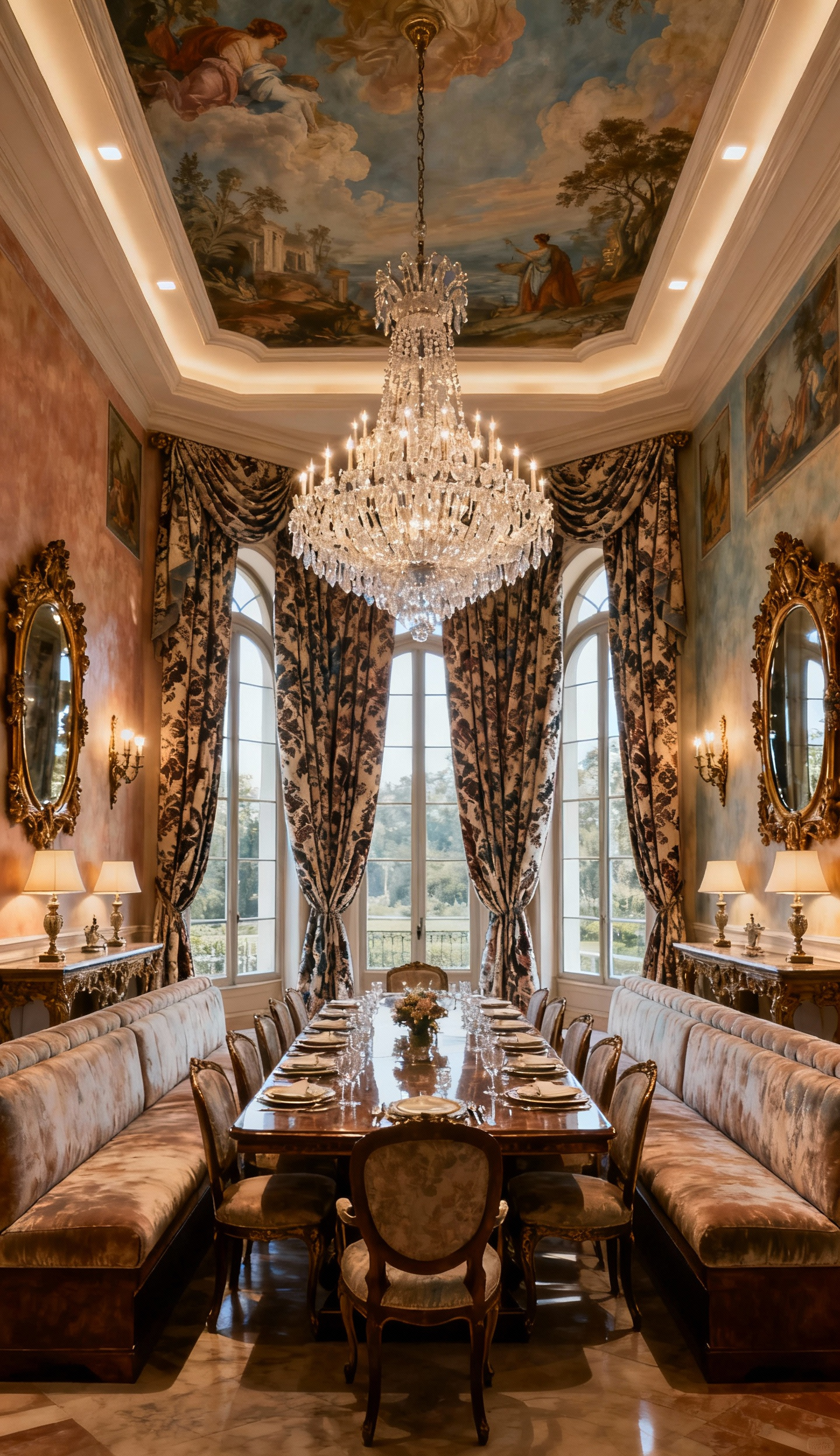 Luxurious dining room with an expansive layout, featuring a grand long table, statement chandeliers, ornate wall decor, and rich textiles, showcasing palatial proportions and refined drama.