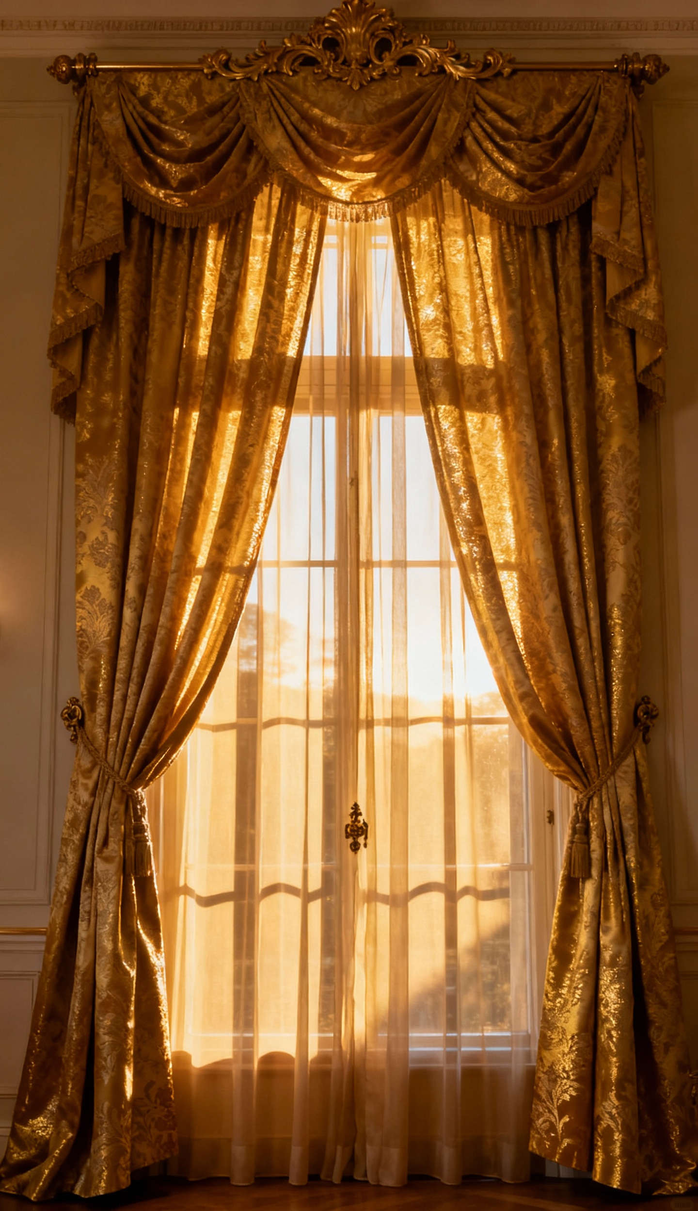 A portrait view of a luxurious dining room featuring floor-to-ceiling bespoke Fortuny silk drapes in gold, cascaded from gilded pelmets, creating an opulent and private ambiance.