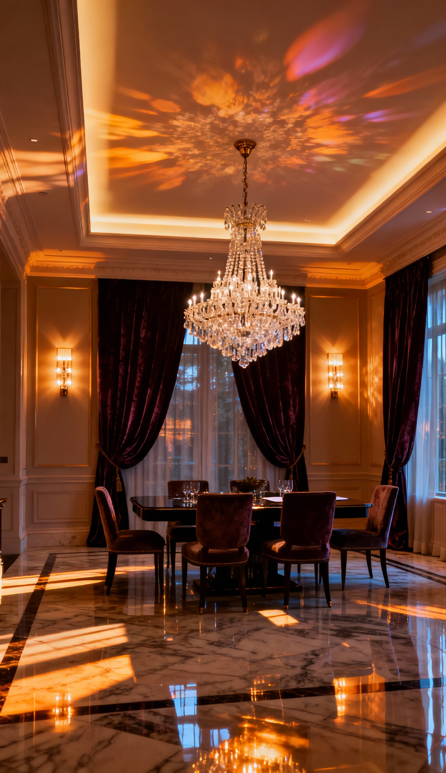 Portrait of a luxurious dining room featuring advanced dynamic luminary control, showcasing programmable warm lighting highlighting a crystal chandelier, velvet drapes, and polished marble for a refined, customizable ambiance.