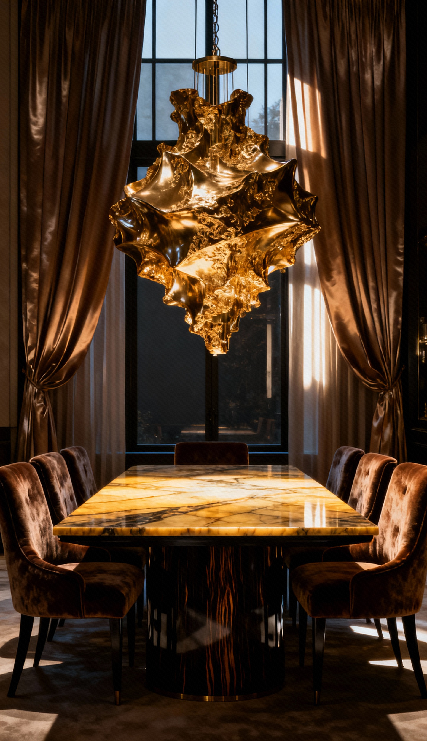 An opulent luxury dining room featuring a grand engineered centerpiece with a sculptural brass and gilded chandelier over an onyx and ebony dining table, designed to be a majestic focal point.