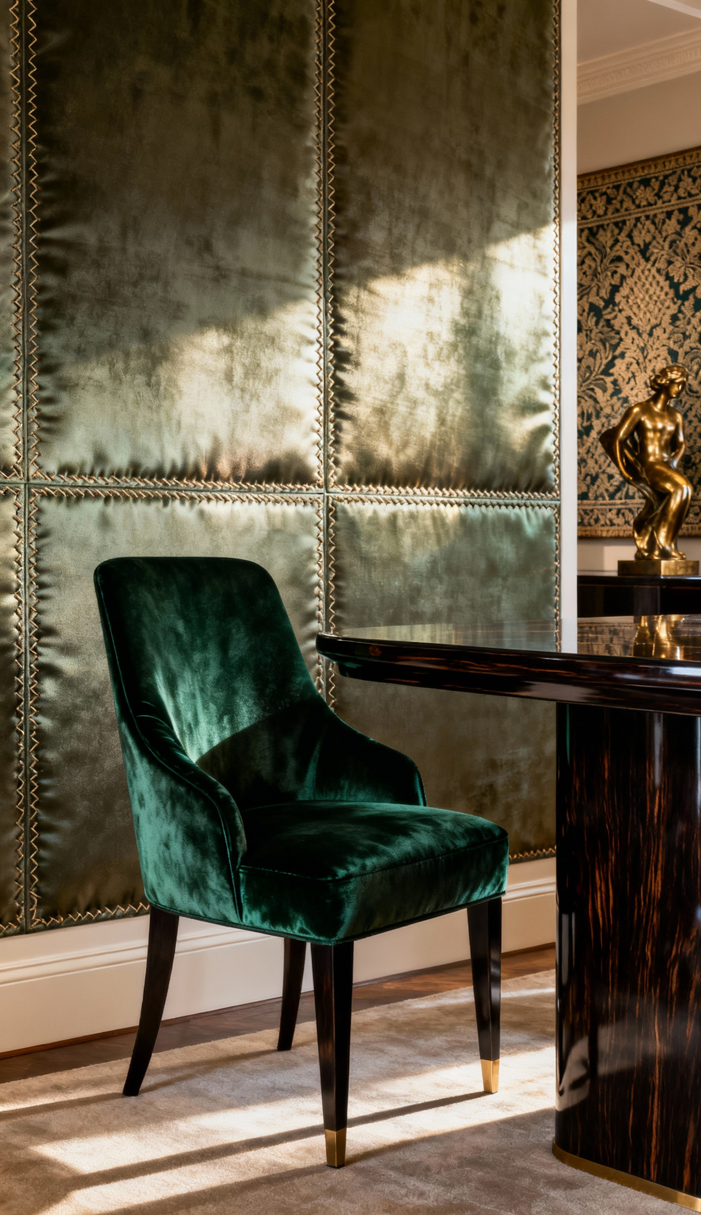Luxurious dining room corner with emerald silk velvet chair, polished Macassar ebony table, and hand-stitched silk wall panels showcasing bespoke materials and tactile opulence.