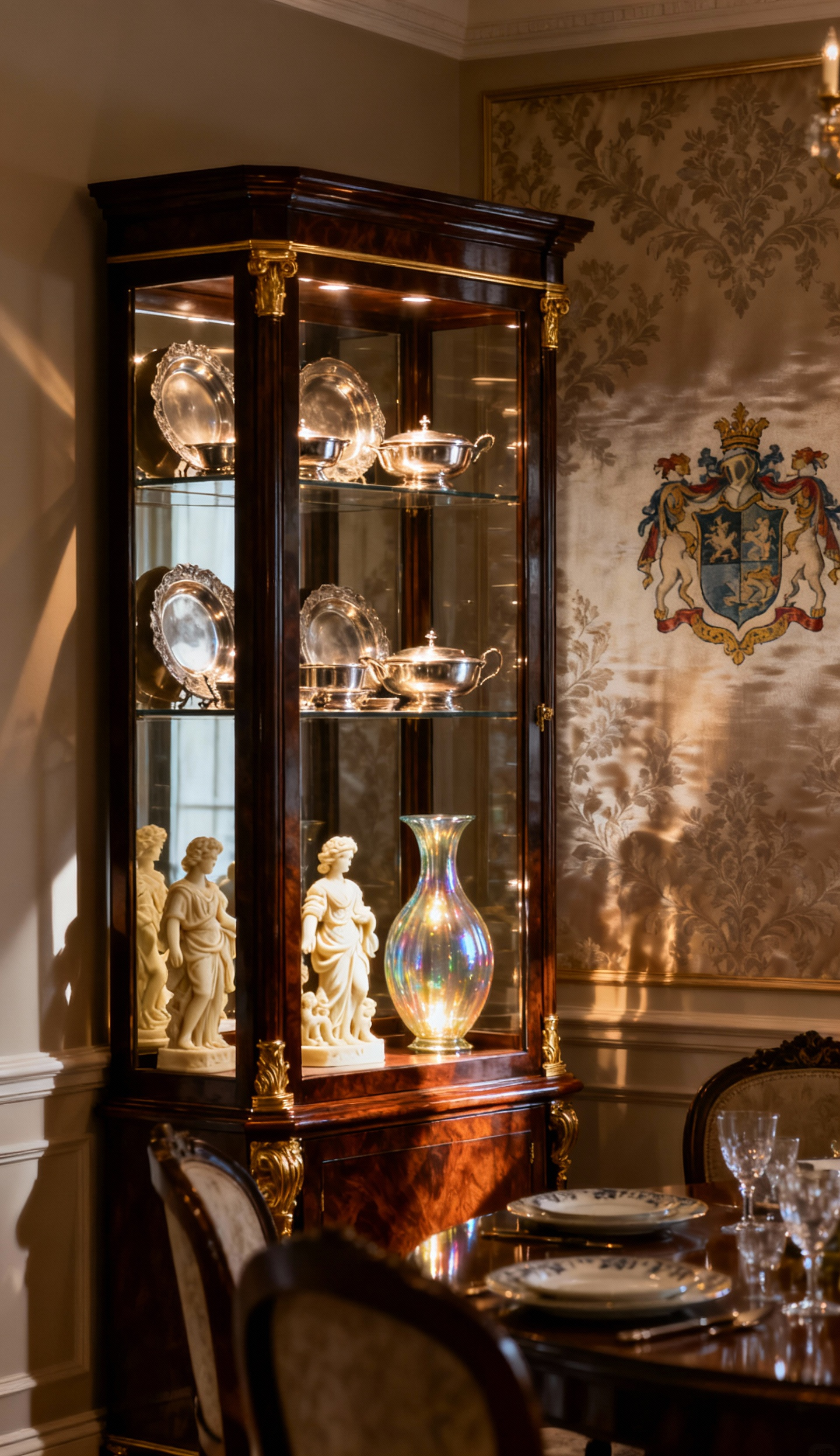 Luxury dining room with bespoke vitrine showcasing antique silver, Venetian glass, and ivory figurines against a custom damask wallcovering, embodying personal mythology and heirloom decor.