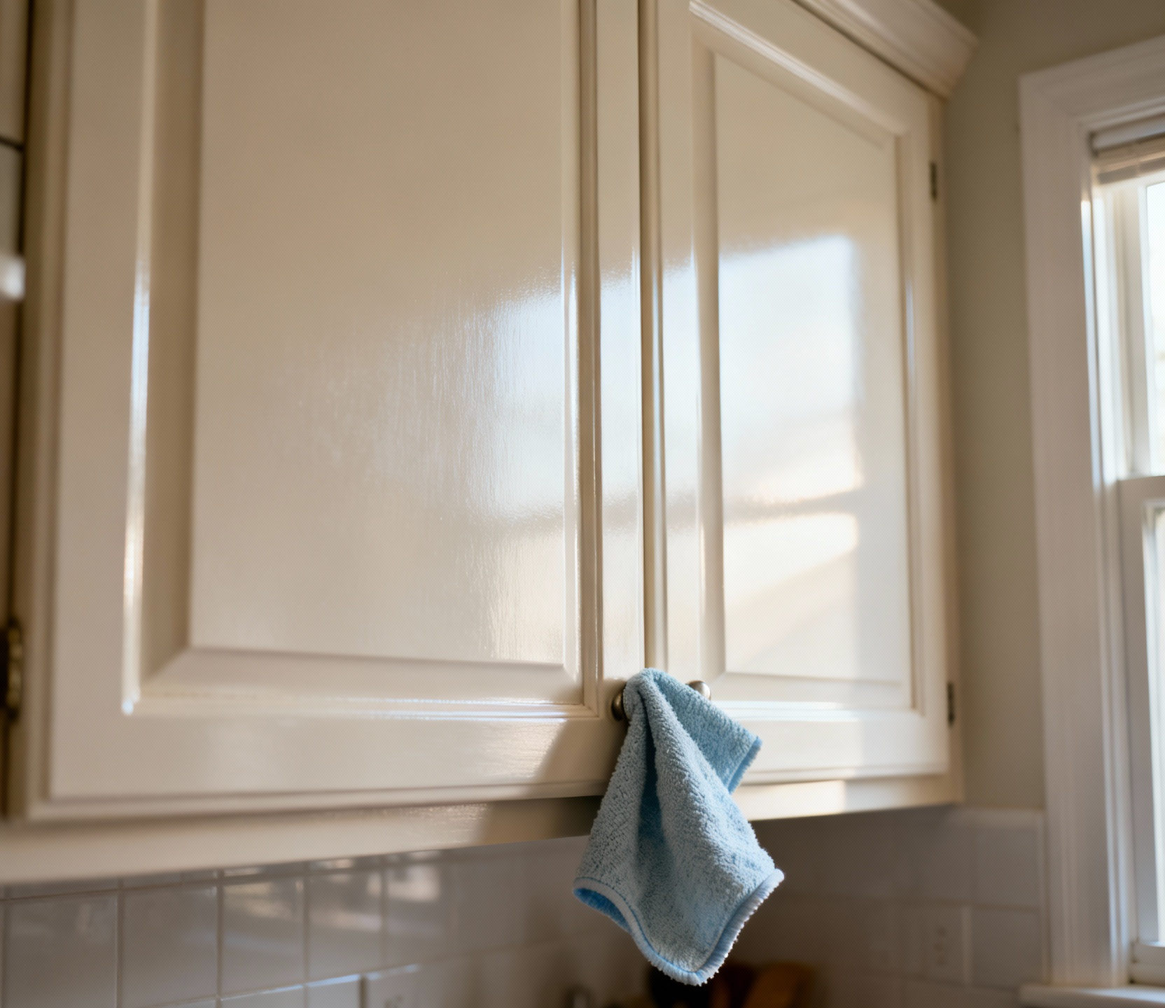 Close-up of a sparkling clean, light-colored kitchen cabinet face, perfectly prepped for modernization. A clean microfiber cloth lies on the surface.