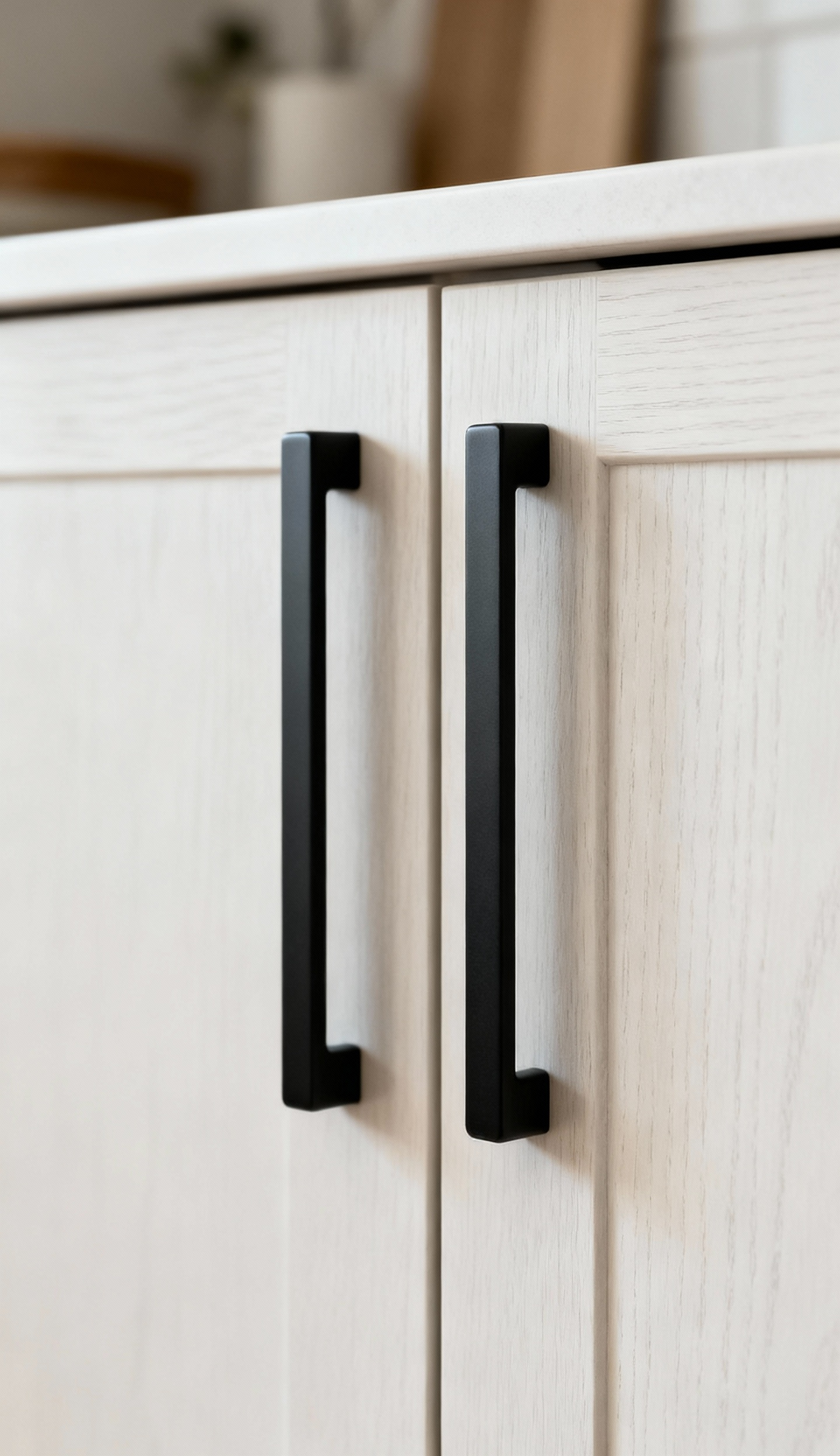 Sleek matte black bar pull on a light-colored kitchen cabinet, highlighting the modern updated hardware.