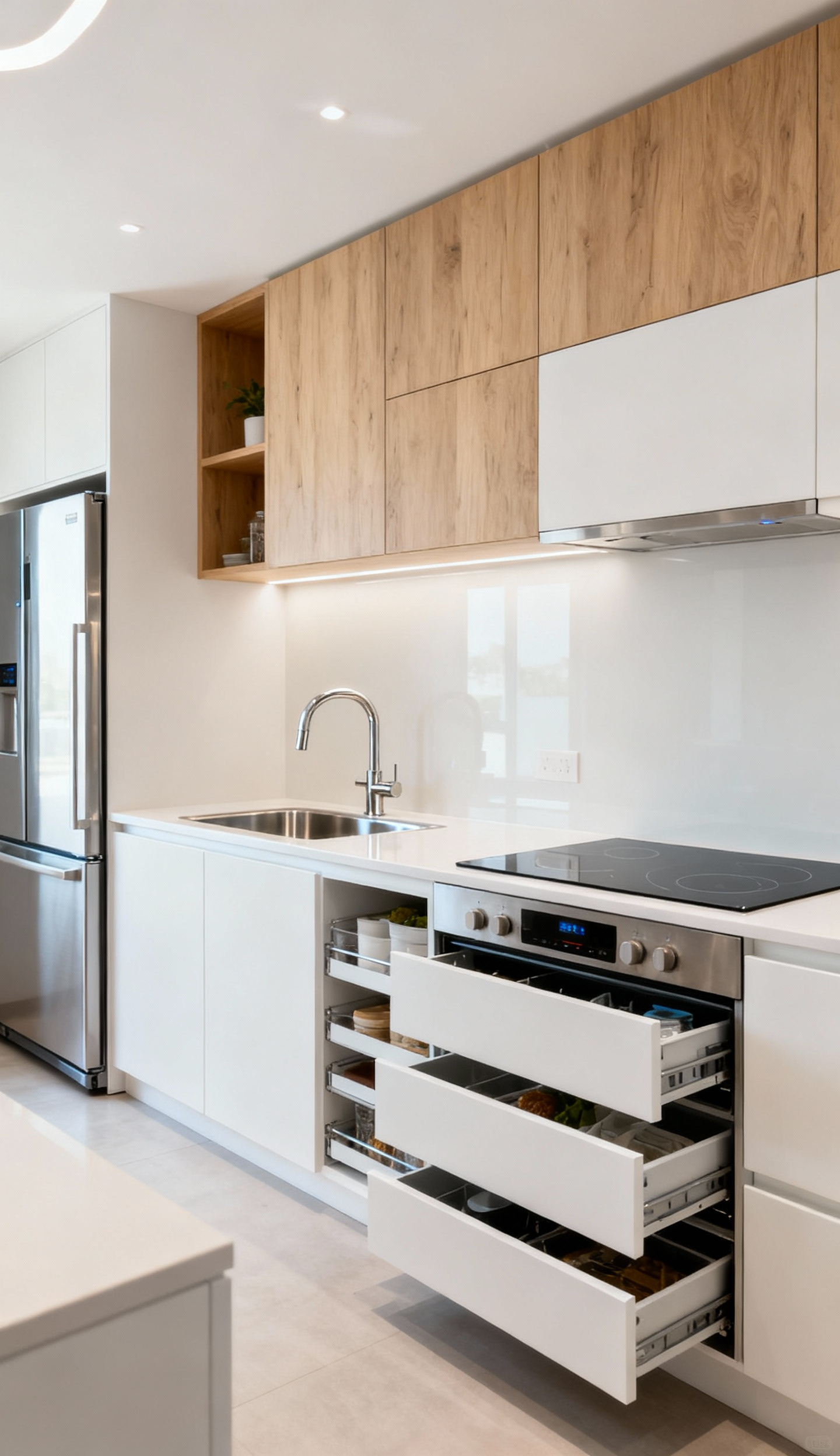 A bright, modern kitchen showcasing an optimized workflow triangle with clear paths between sink, refrigerator, and range, featuring light wood and white kitchen cabinet layouts for efficiency.