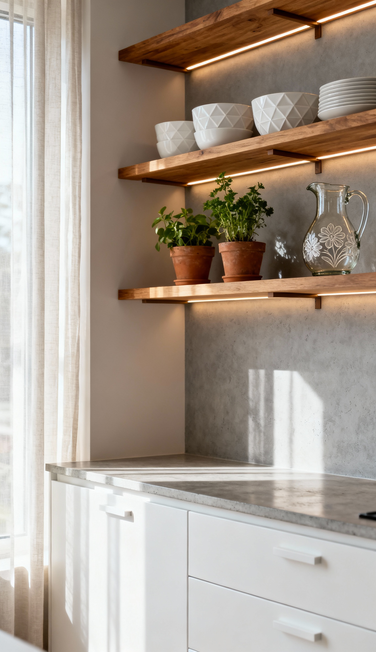 Contemporary kitchen with integrated open shelving displaying white ceramic dishes and potted herbs, bathed in natural light, enhancing an airy feel.