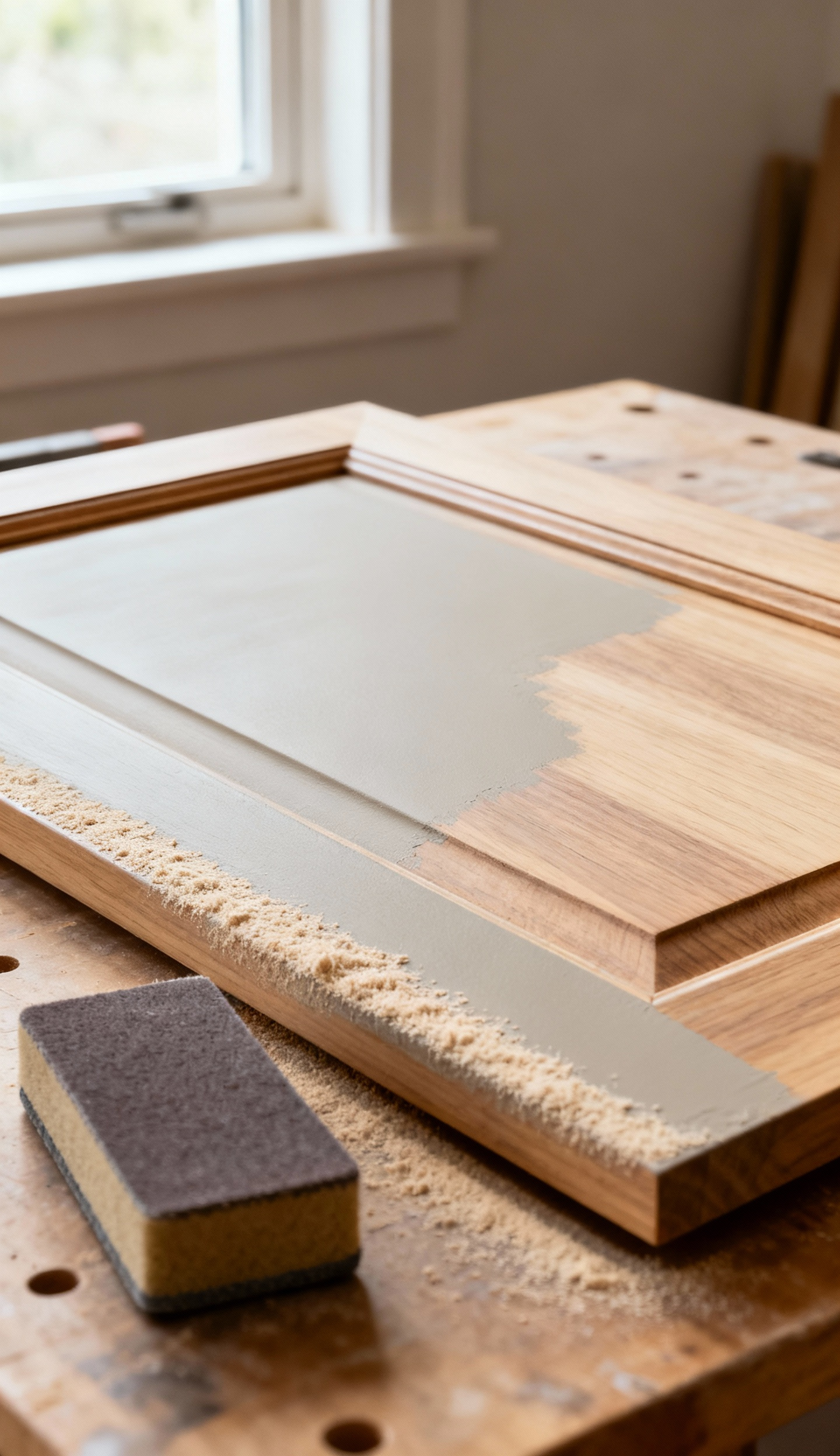 Image showing detailed close-up of a kitchen cabinet door undergoing expert surface preparation with a smooth sanded patch.