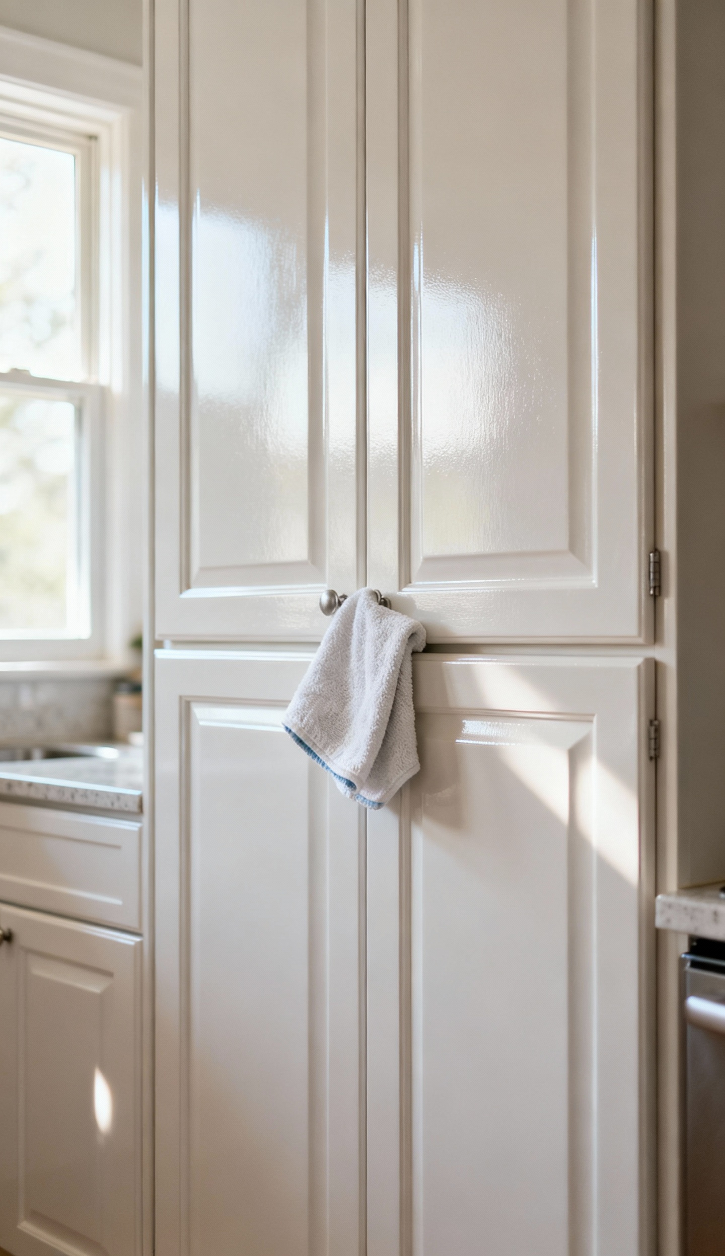 Close-up of a sparkling clean, light-colored kitchen cabinet face, perfectly prepped for modernization. A clean microfiber cloth lies on the surface.