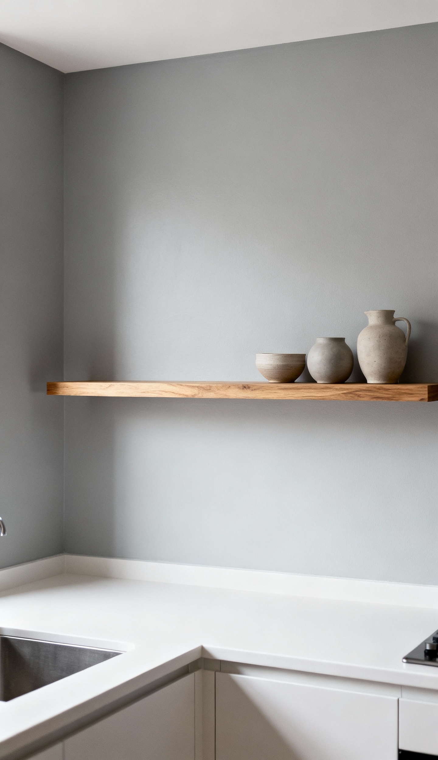 Modern kitchen with strategically removed upper cabinets, featuring a light gray wall and a floating oak shelf with ceramics, emphasizing enhanced visual flow and openness.
